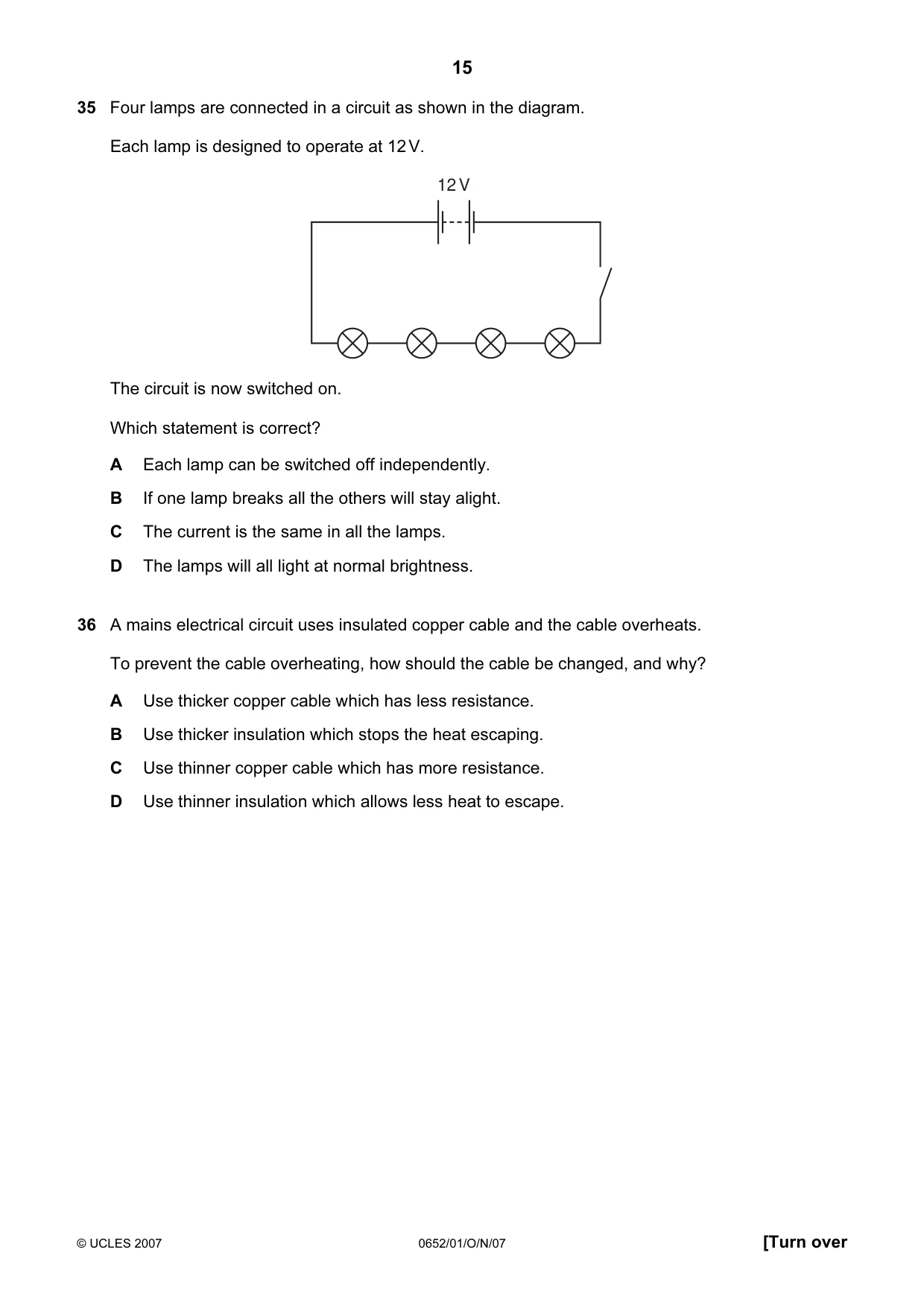 Cambridge IGCSE Physical Science 0652 2007 Oct/Nov Paper 1 · Variant 1 question paper, page 15 of 20
