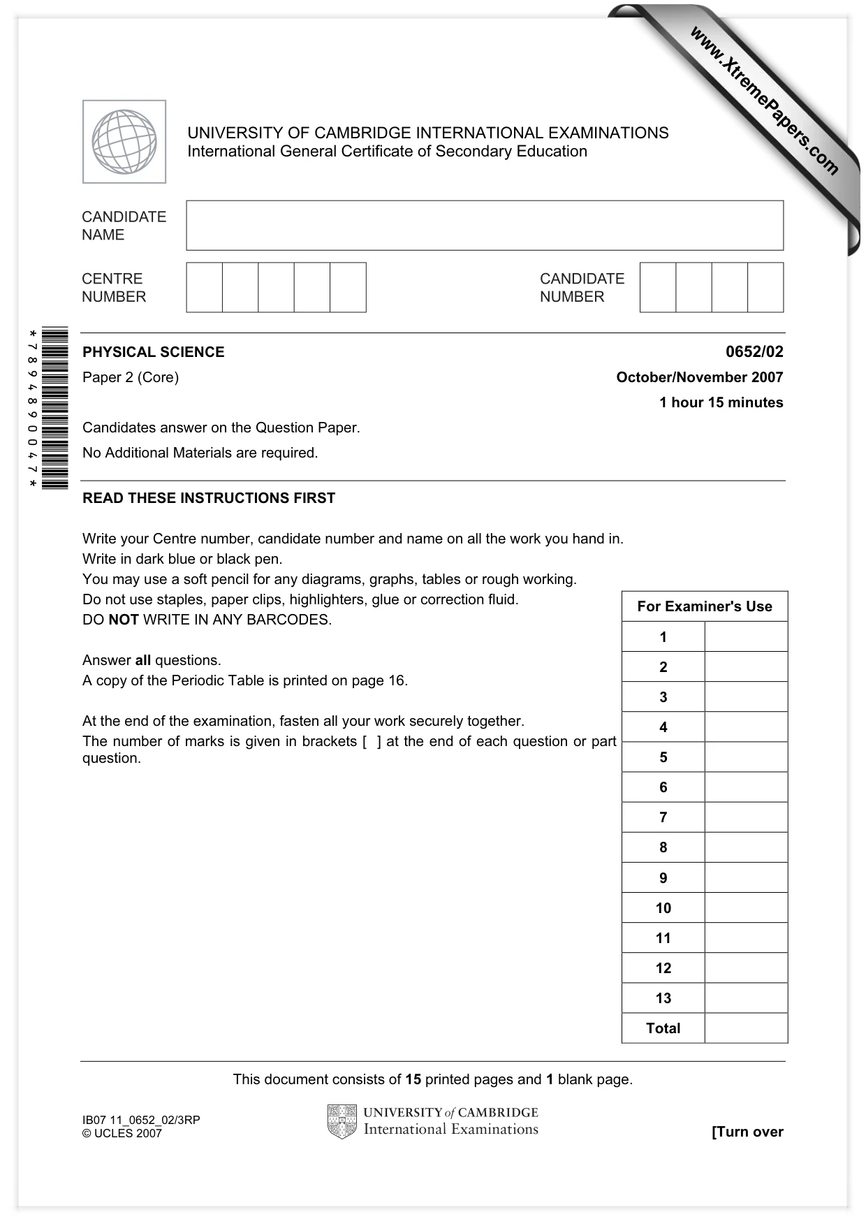 Cambridge IGCSE Physical Science 0652 2007 Oct/Nov Paper 2 · Variant 1 question paper, page 1 of 16