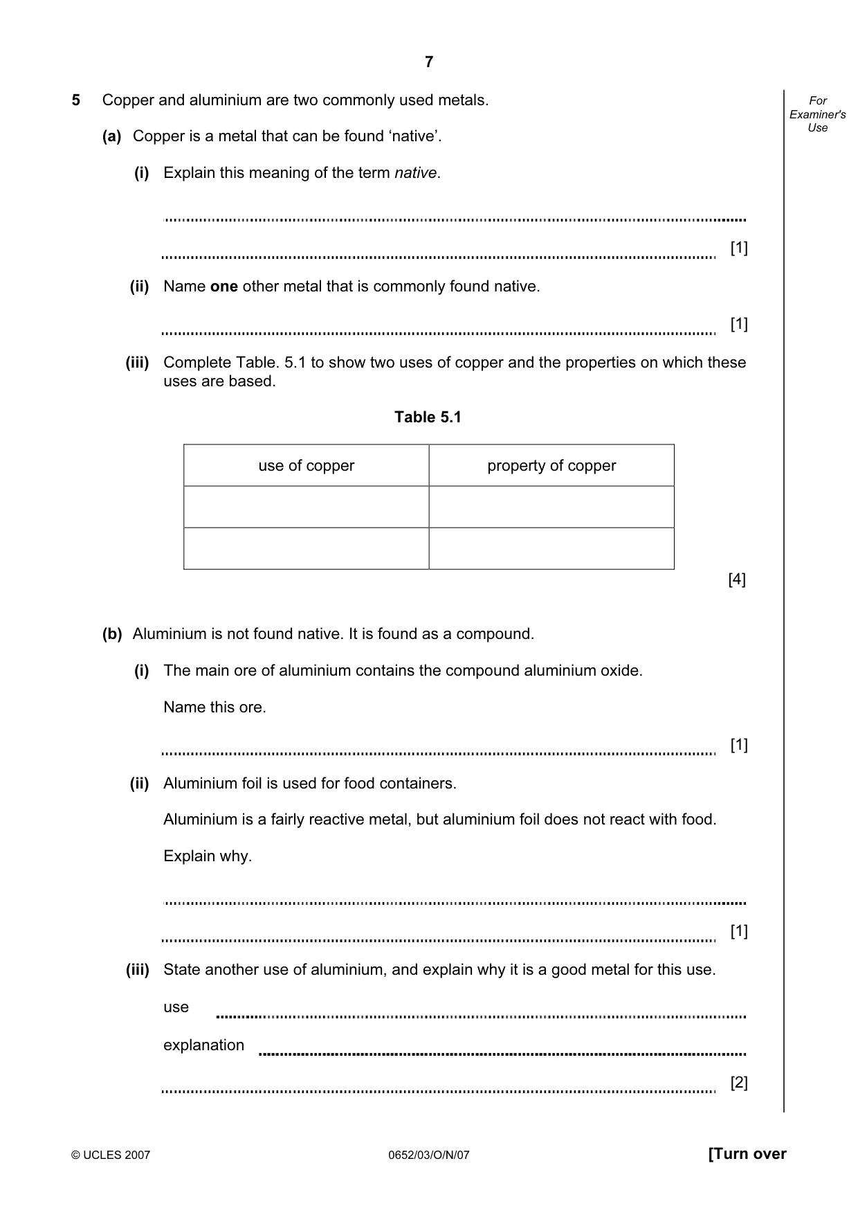 Cambridge IGCSE Physical Science 0652 2007 Oct/Nov Paper 3 · Variant 1 question paper, page 7 of 16