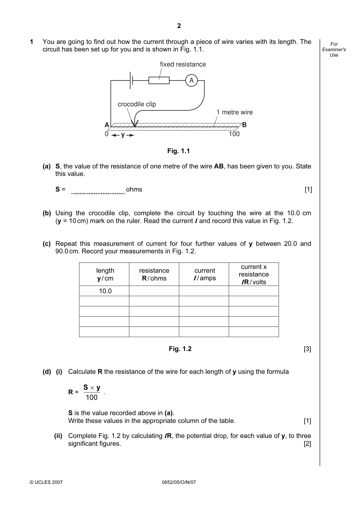 Cambridge IGCSE Physical Science 0652 2007 Oct/Nov Paper 5 · Variant 1 question paper, page 2 of 8