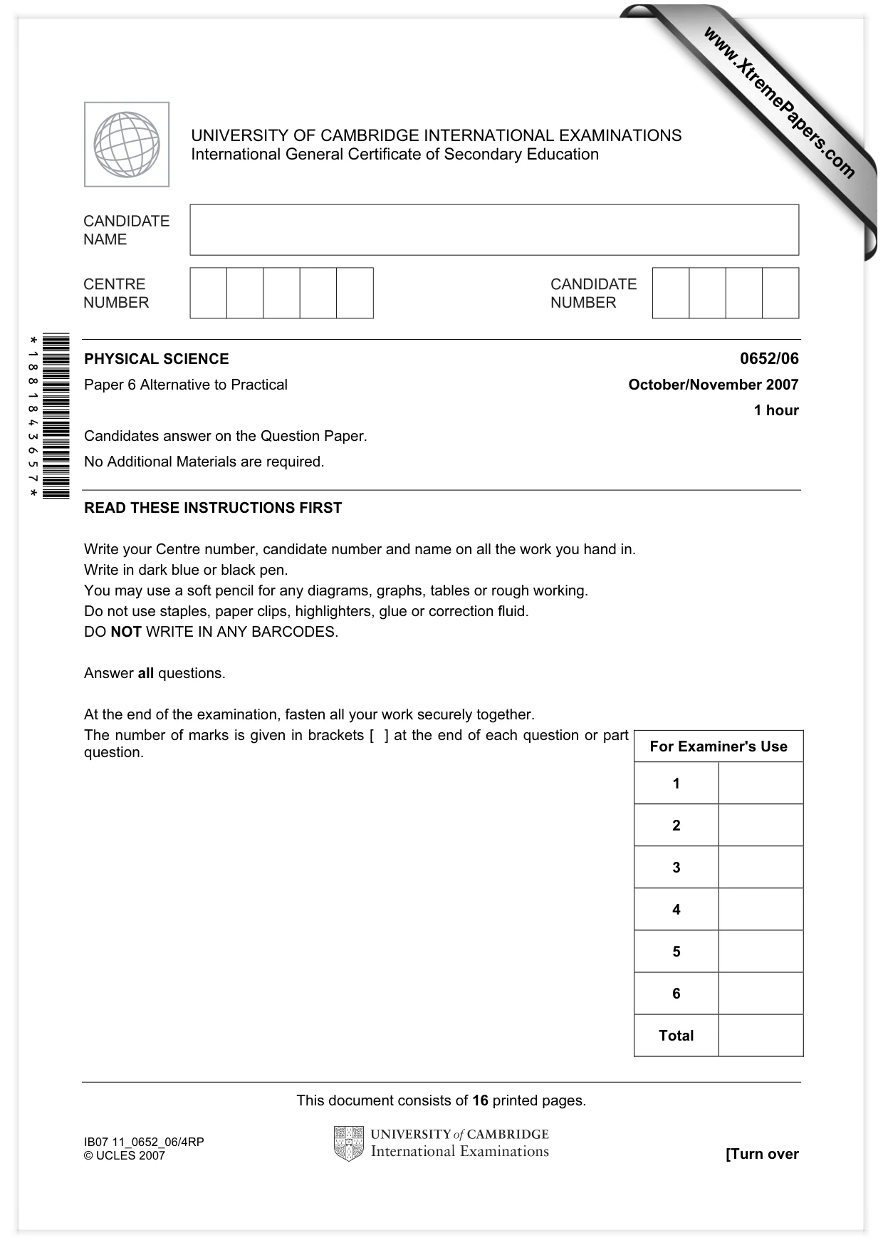 Cambridge IGCSE Physical Science 0652 2007 Oct/Nov Paper 6 · Variant 1 question paper, page 1 of 16