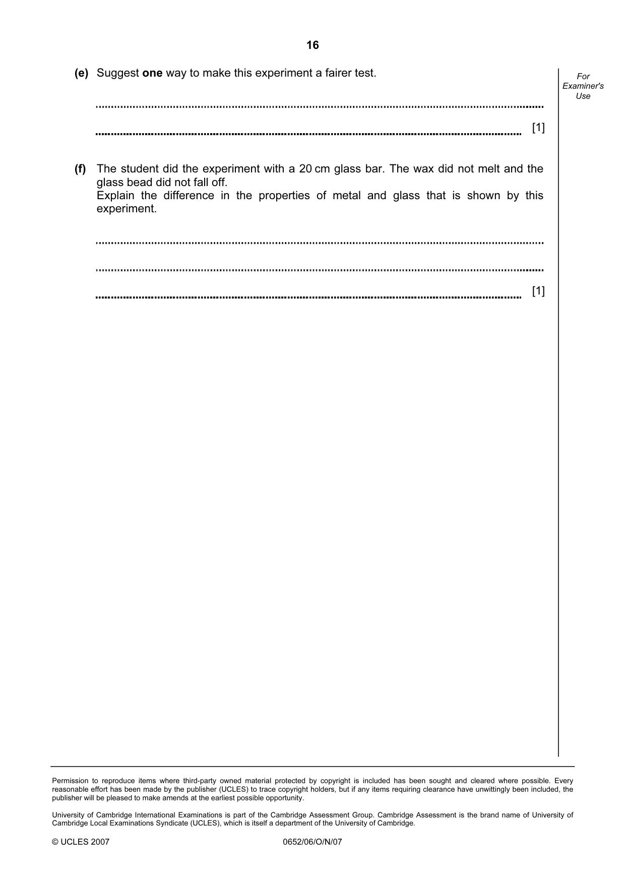 Cambridge IGCSE Physical Science 0652 2007 Oct/Nov Paper 6 · Variant 1 question paper, page 16 of 16