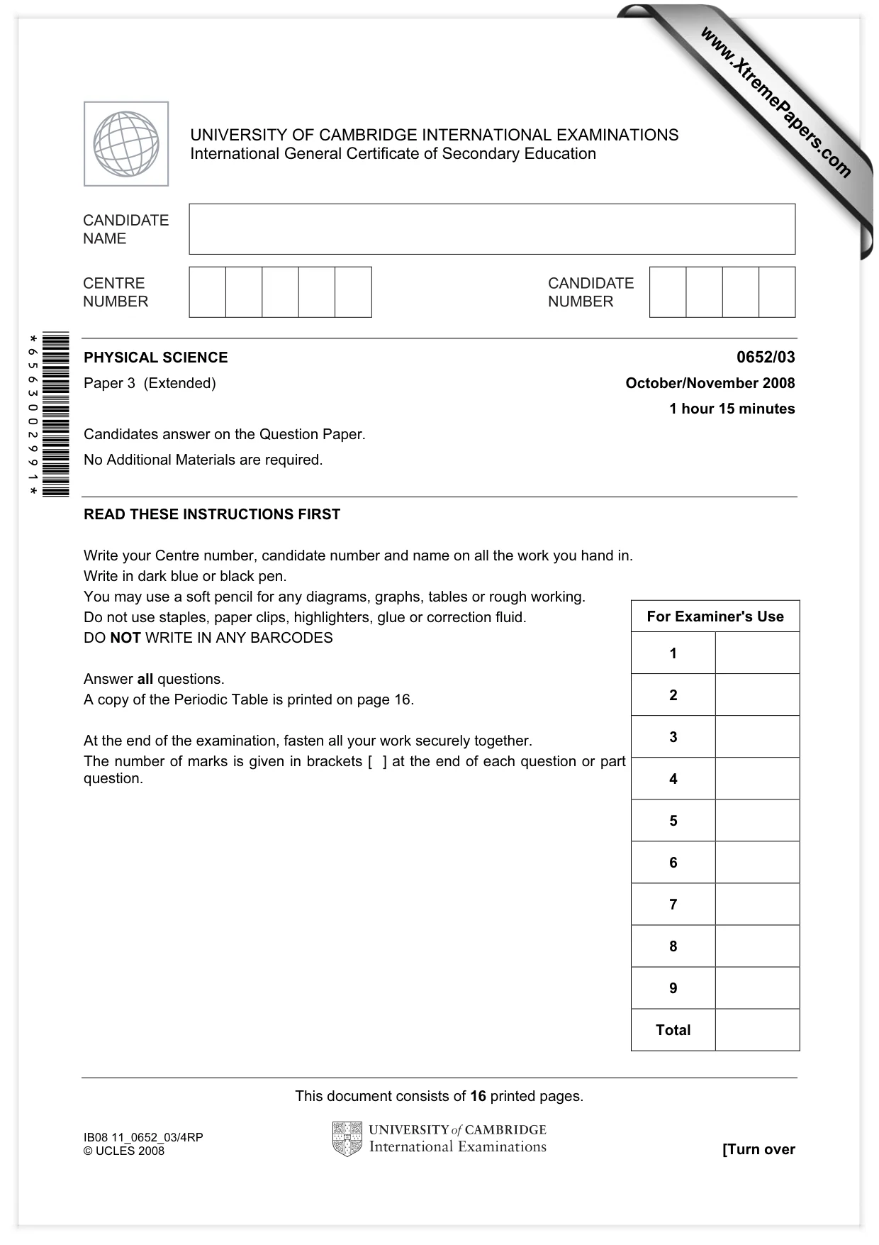 Cambridge IGCSE Physical Science 0652 2008 Oct/Nov Paper 3 · Variant 0 question paper, page 1 of 16