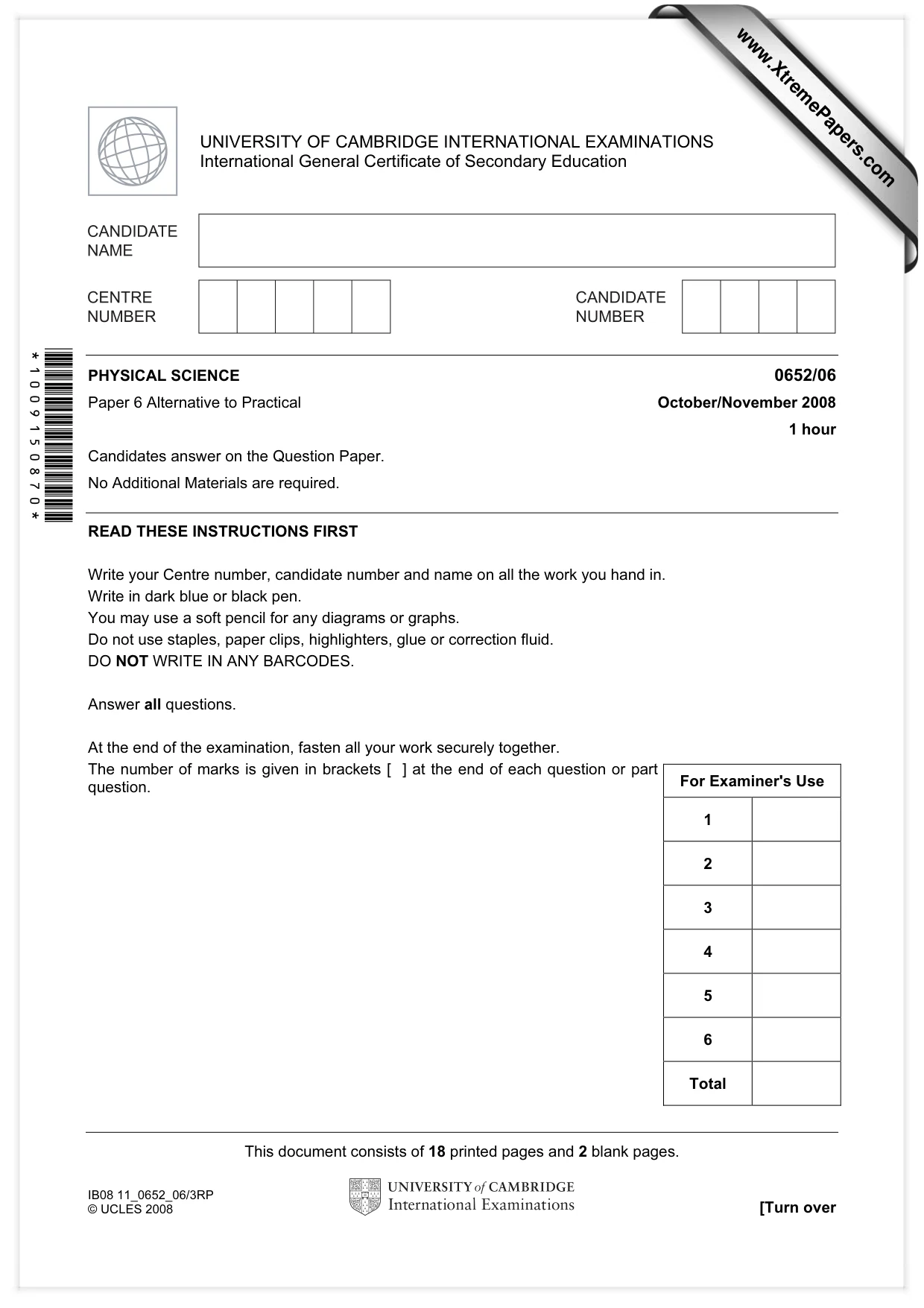 Cambridge IGCSE Physical Science 0652 2008 Oct/Nov Paper 6 · Variant 0 question paper, page 1 of 20