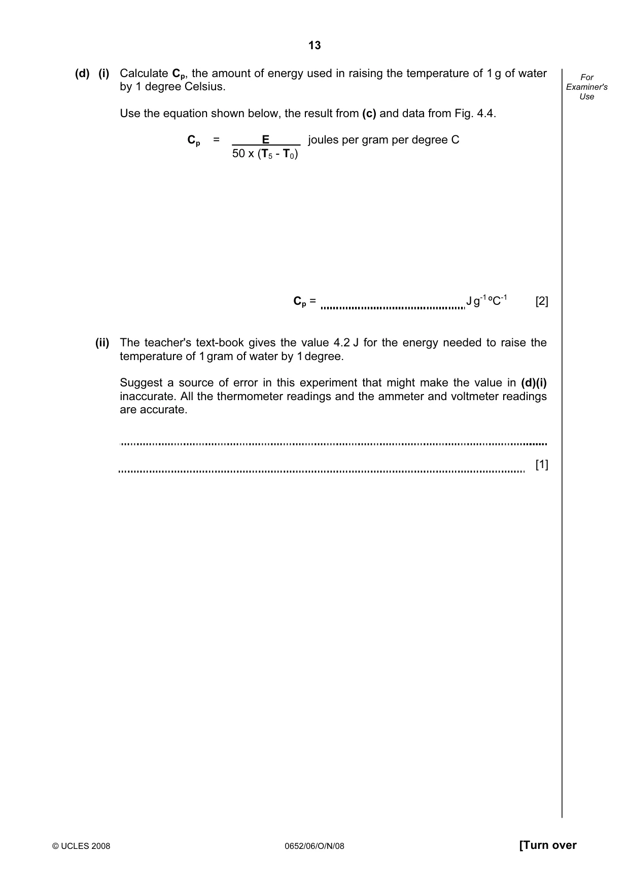 Cambridge IGCSE Physical Science 0652 2008 Oct/Nov Paper 6 · Variant 0 question paper, page 13 of 20