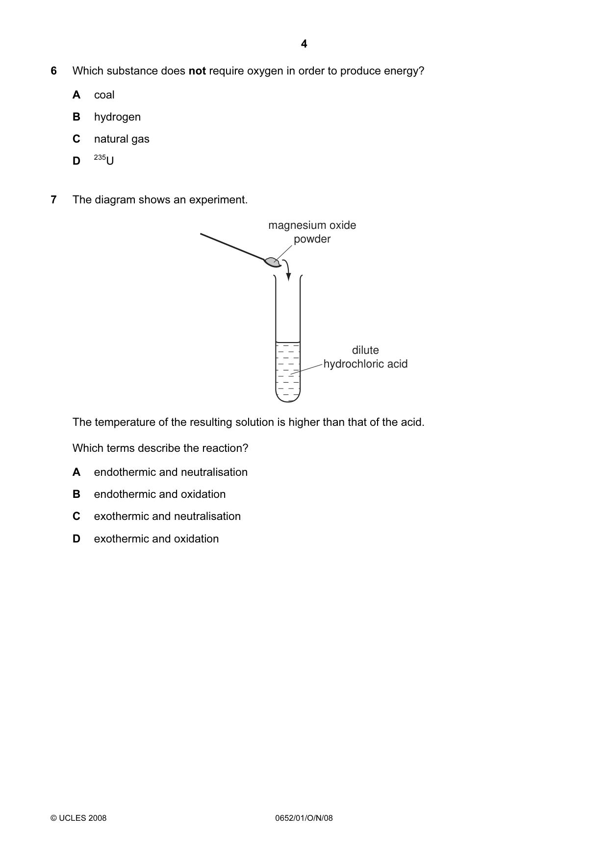 Cambridge IGCSE Physical Science 0652 2008 Oct/Nov Paper 1 · Variant 1 question paper, page 4 of 20