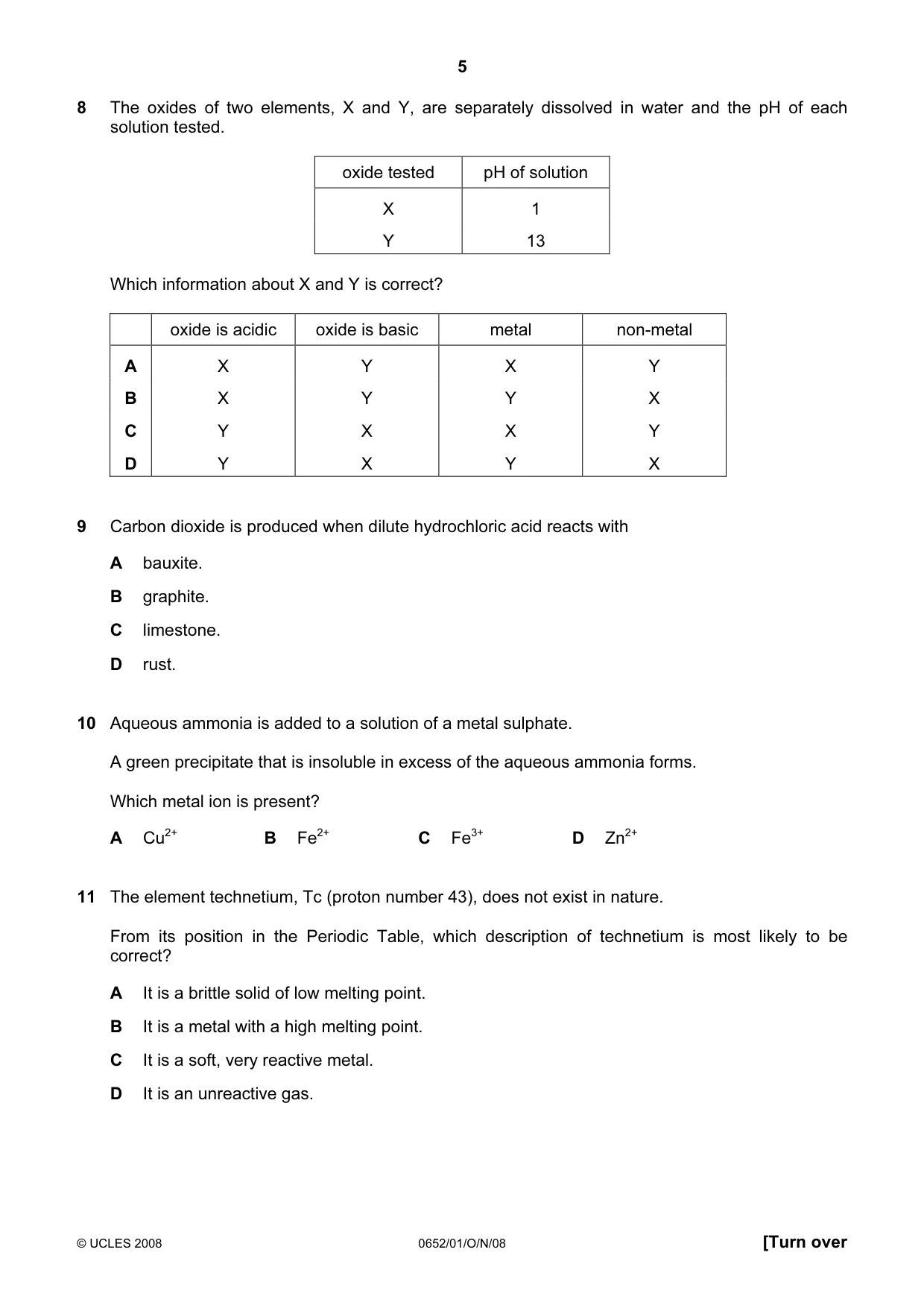 Cambridge IGCSE Physical Science 0652 2008 Oct/Nov Paper 1 · Variant 1 question paper, page 5 of 20