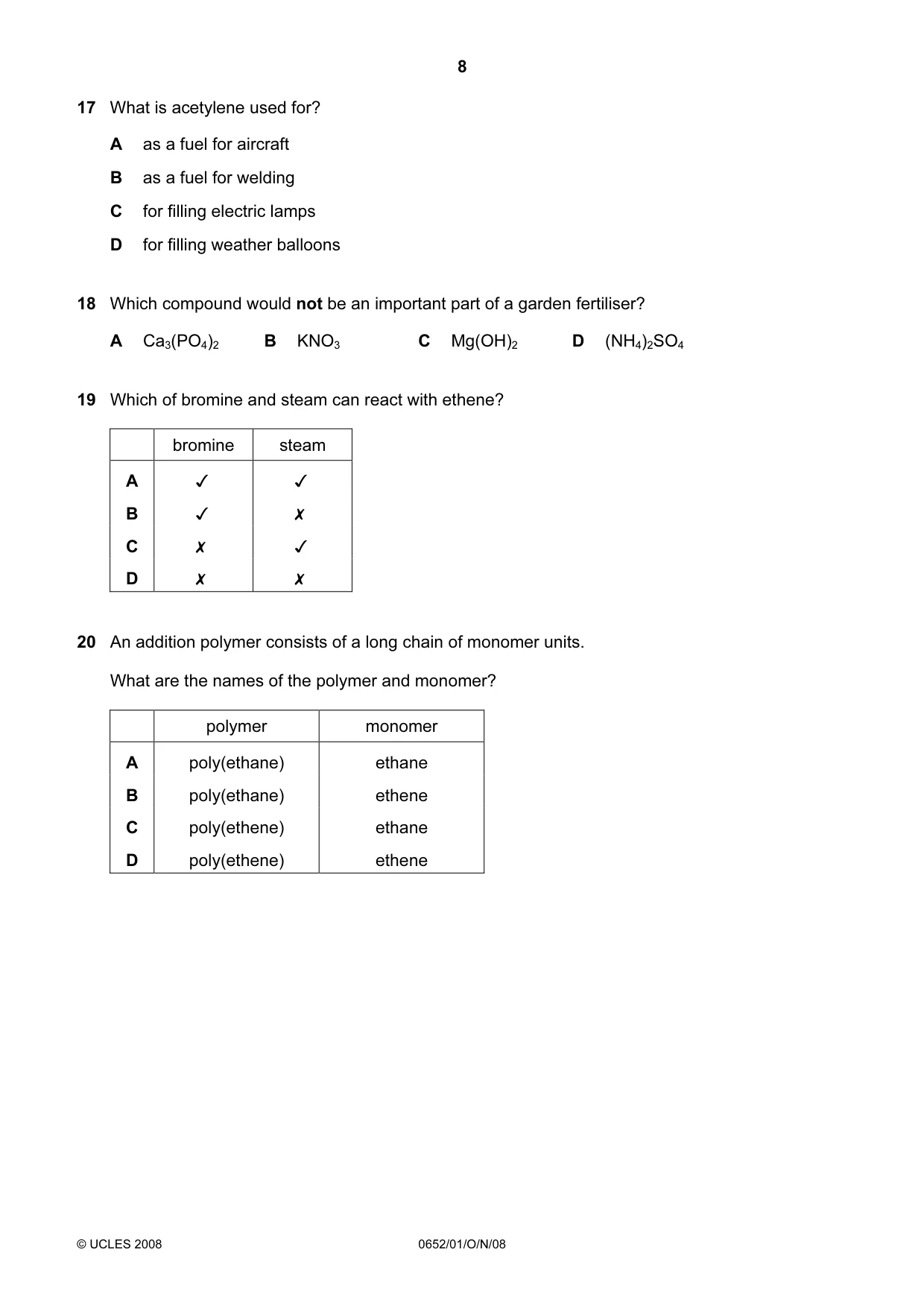 Cambridge IGCSE Physical Science 0652 2008 Oct/Nov Paper 1 · Variant 1 question paper, page 8 of 20