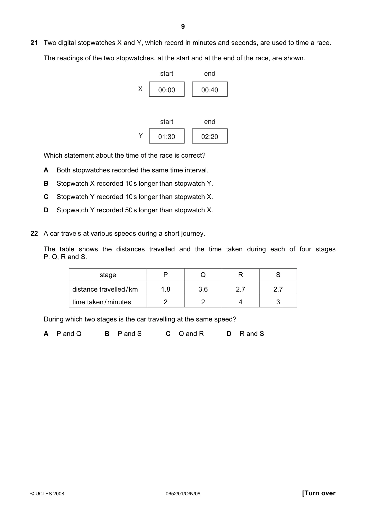 Cambridge IGCSE Physical Science 0652 2008 Oct/Nov Paper 1 · Variant 1 question paper, page 9 of 20