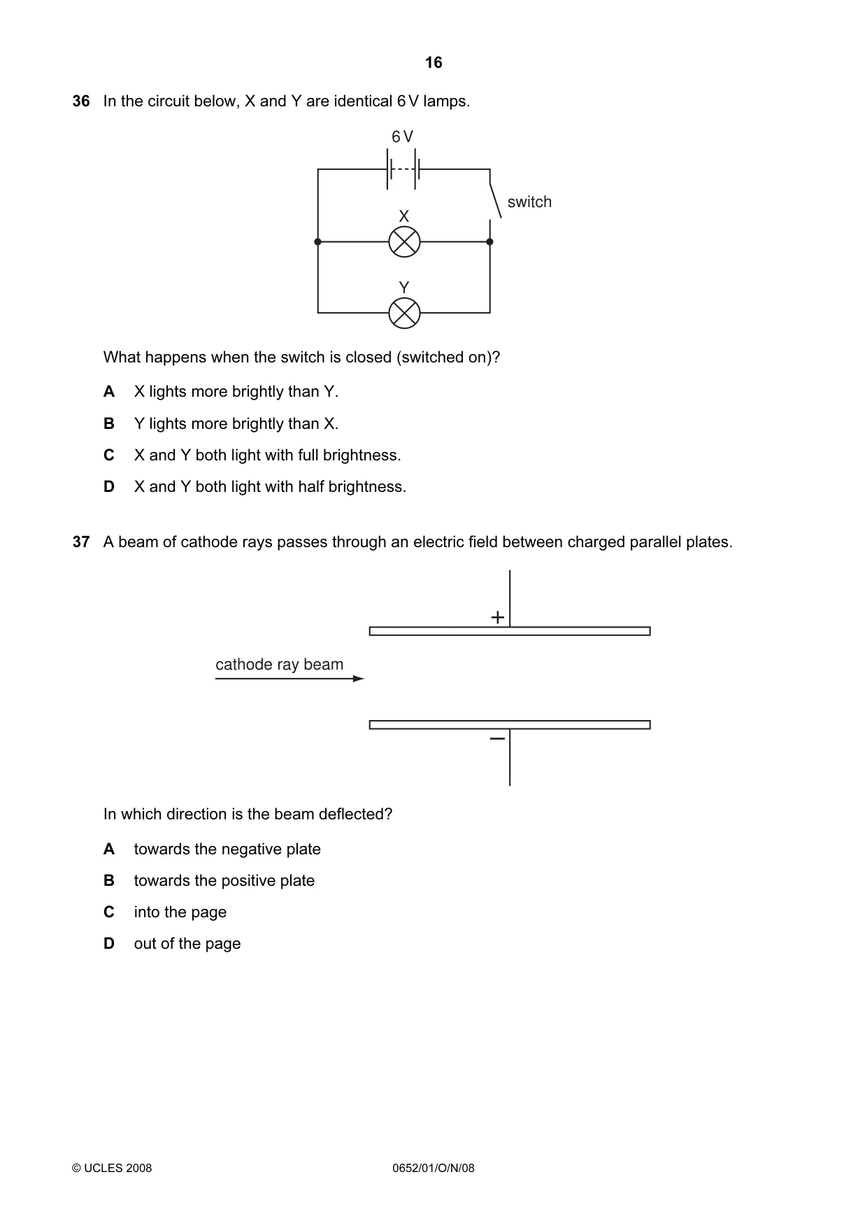 Cambridge IGCSE Physical Science 0652 2008 Oct/Nov Paper 1 · Variant 1 question paper, page 16 of 20