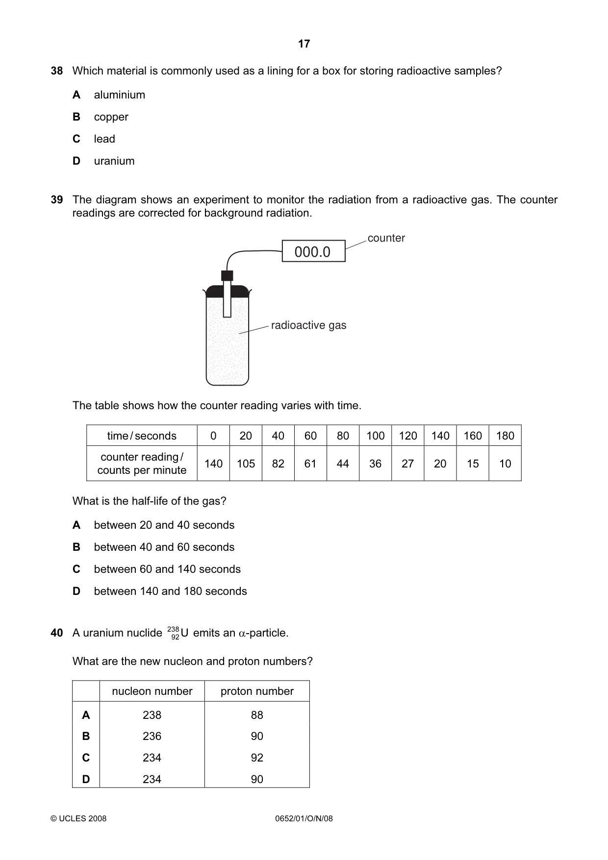 Cambridge IGCSE Physical Science 0652 2008 Oct/Nov Paper 1 · Variant 1 question paper, page 17 of 20