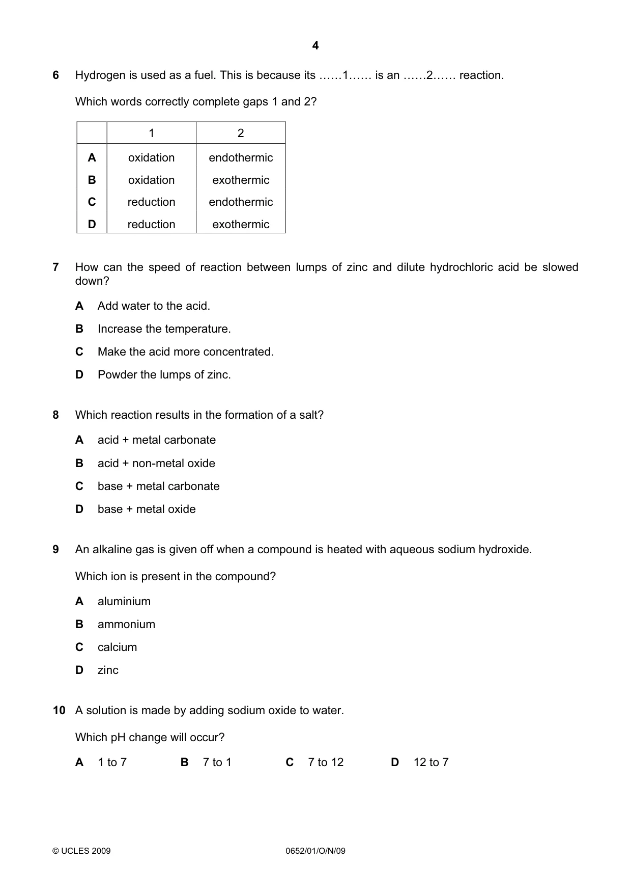 Cambridge IGCSE Physical Science 0652 2009 Oct/Nov Paper 1 · Variant 1 question paper, page 4 of 20