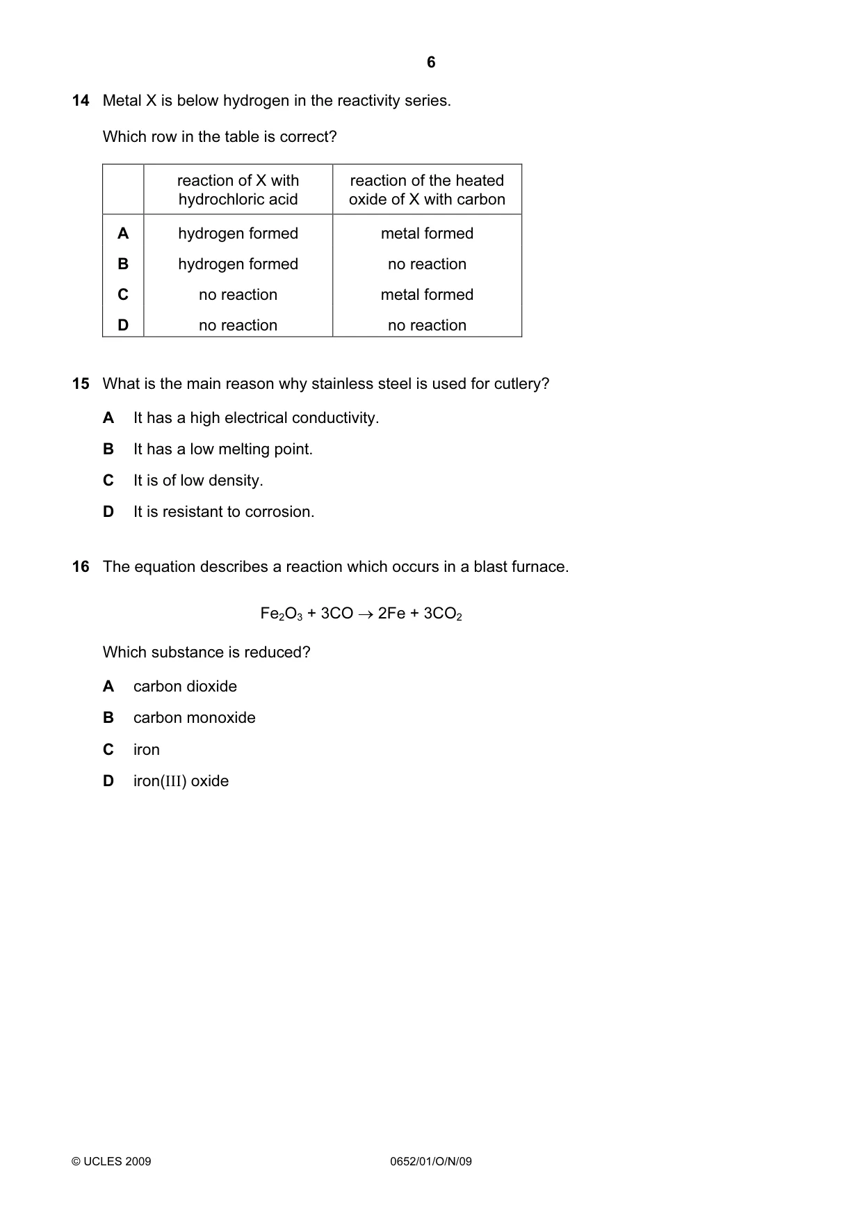 Cambridge IGCSE Physical Science 0652 2009 Oct/Nov Paper 1 · Variant 1 question paper, page 6 of 20