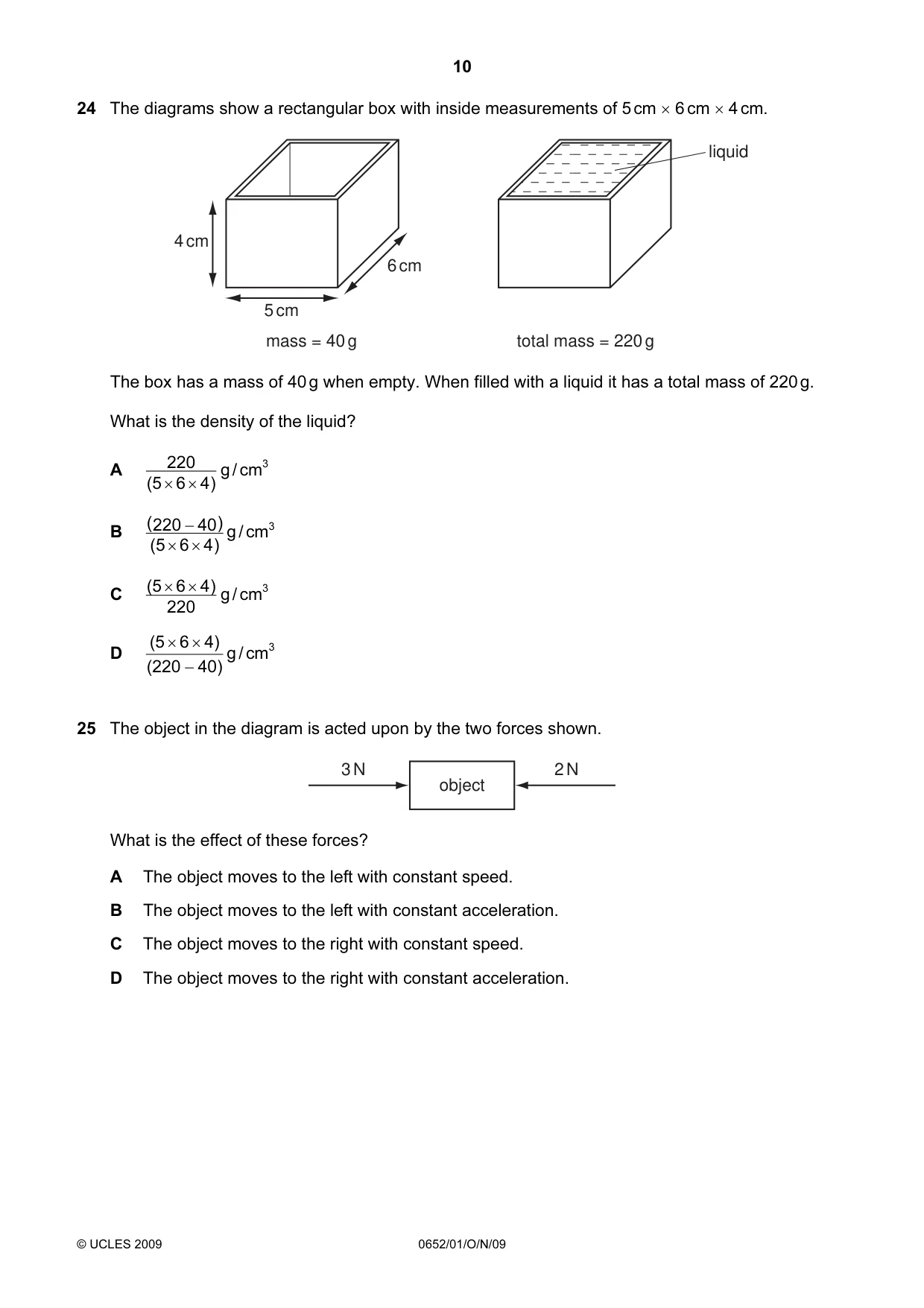 Cambridge IGCSE Physical Science 0652 2009 Oct/Nov Paper 1 · Variant 1 question paper, page 10 of 20