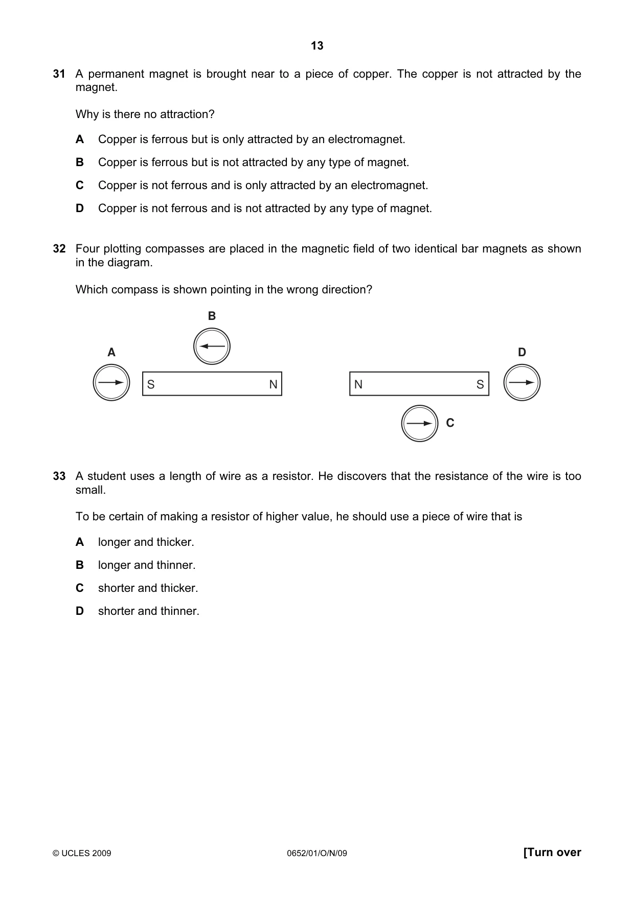 Cambridge IGCSE Physical Science 0652 2009 Oct/Nov Paper 1 · Variant 1 question paper, page 13 of 20