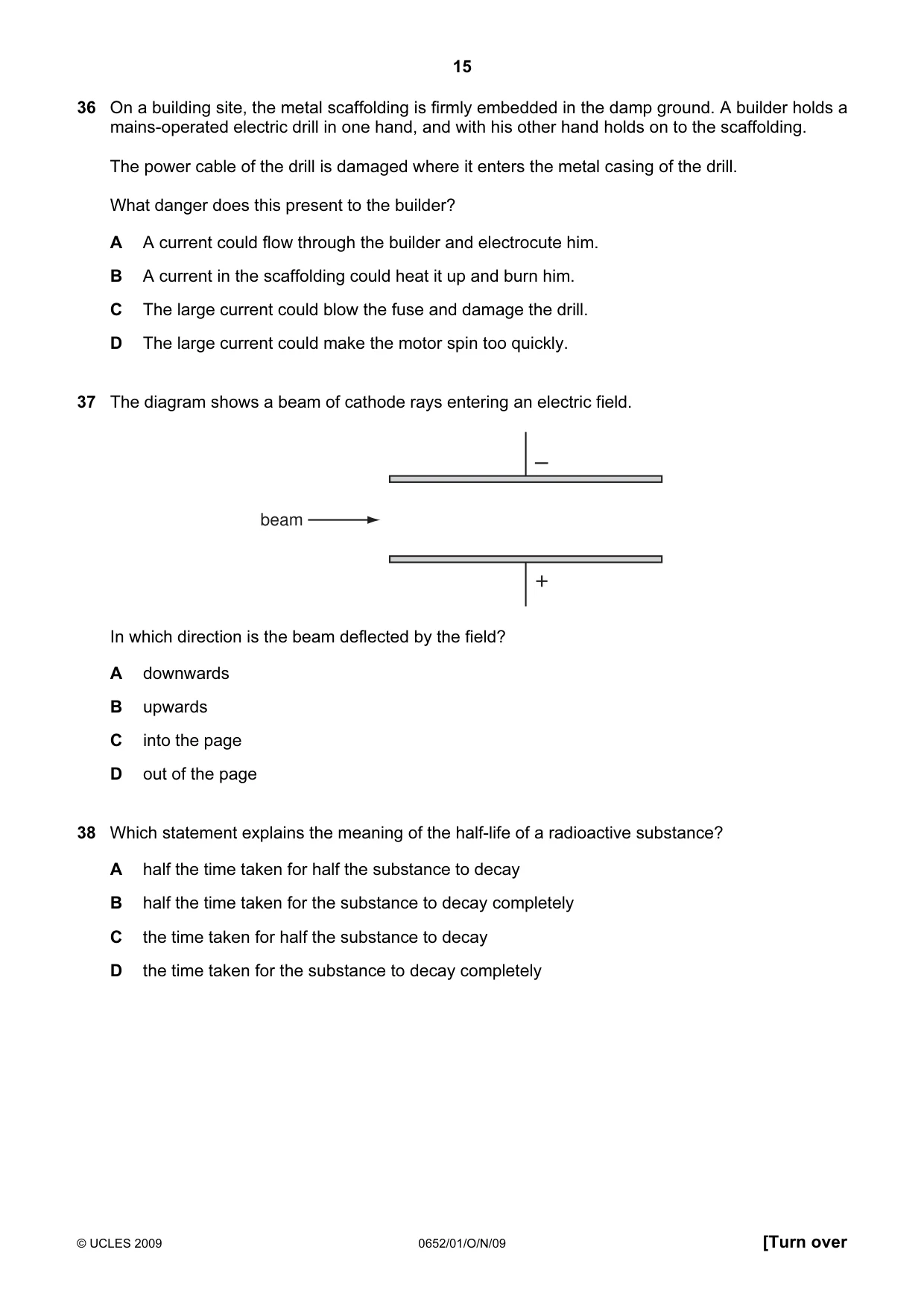 Cambridge IGCSE Physical Science 0652 2009 Oct/Nov Paper 1 · Variant 1 question paper, page 15 of 20