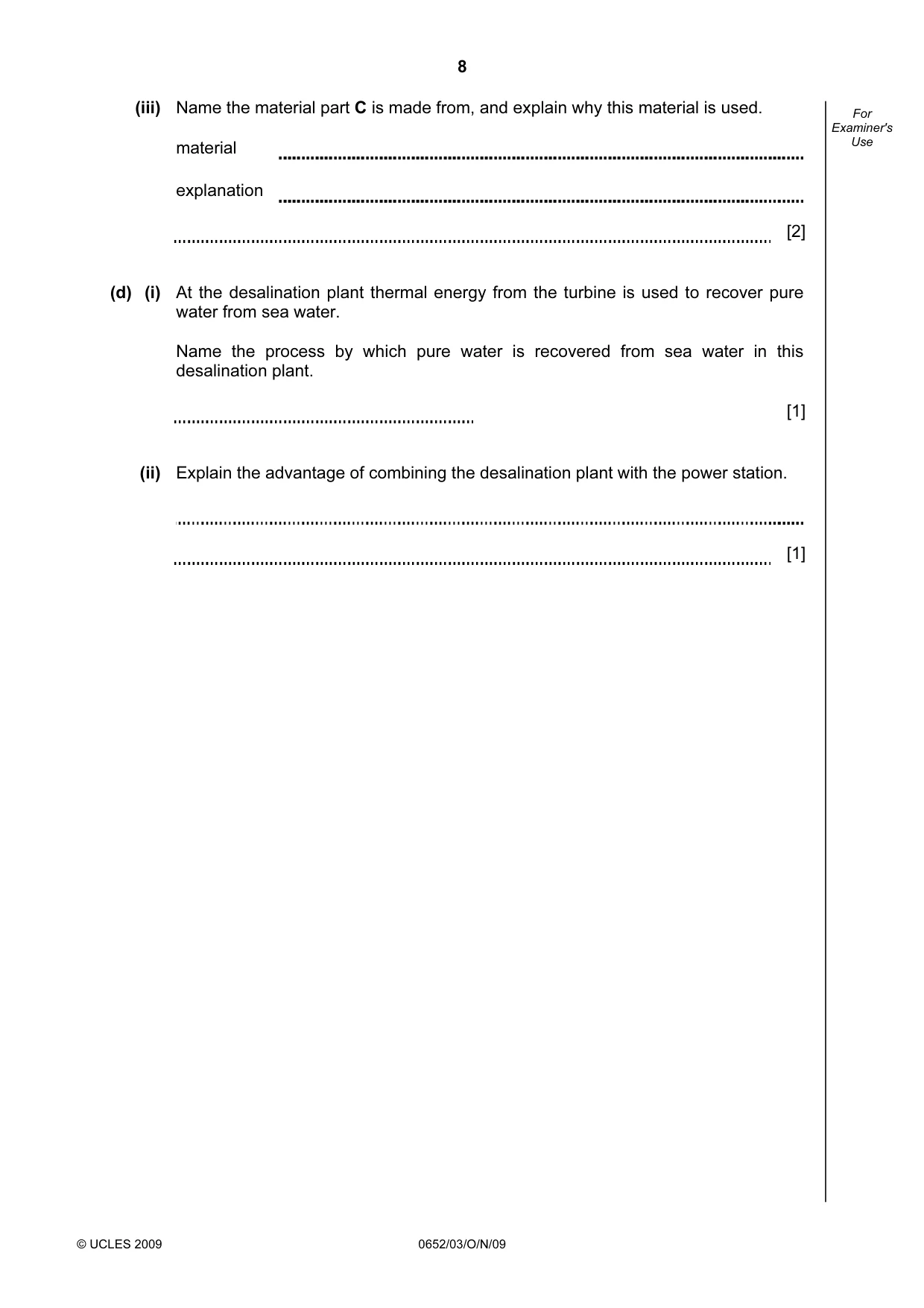 Cambridge IGCSE Physical Science 0652 2009 Oct/Nov Paper 3 · Variant 1 question paper, page 8 of 16