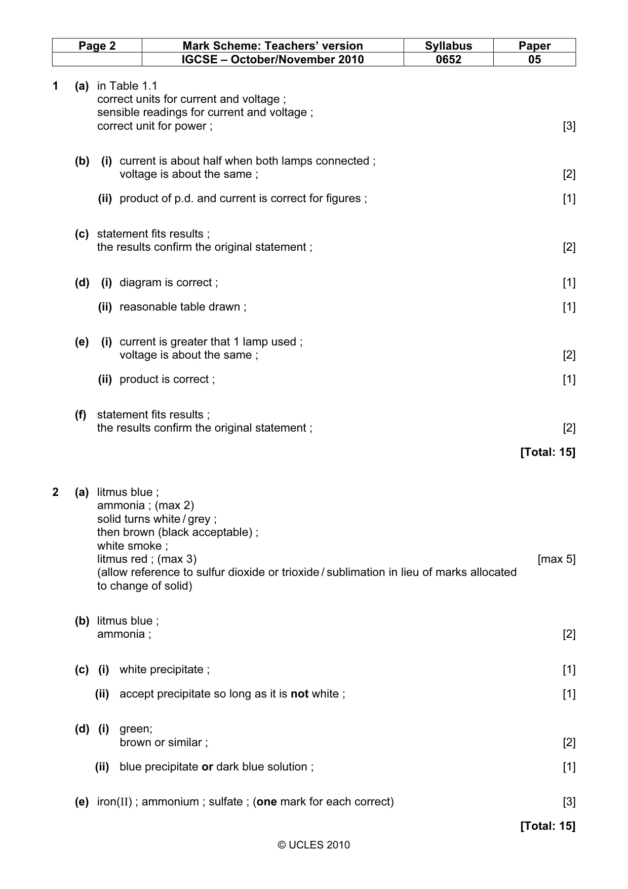 Mark scheme, page 2 of 2