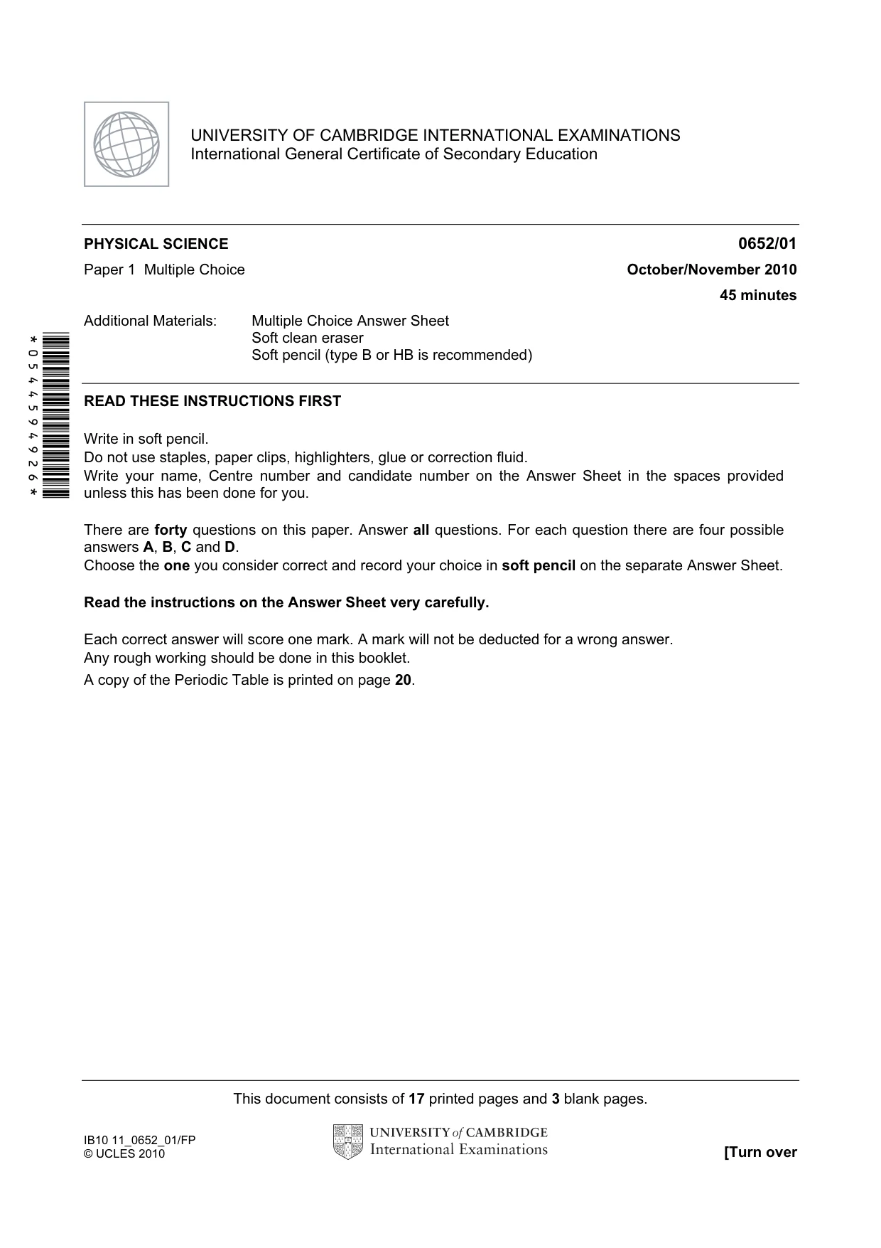 Cambridge IGCSE Physical Science 0652 2010 Oct/Nov Paper 1 · Variant 1 question paper, page 1 of 20