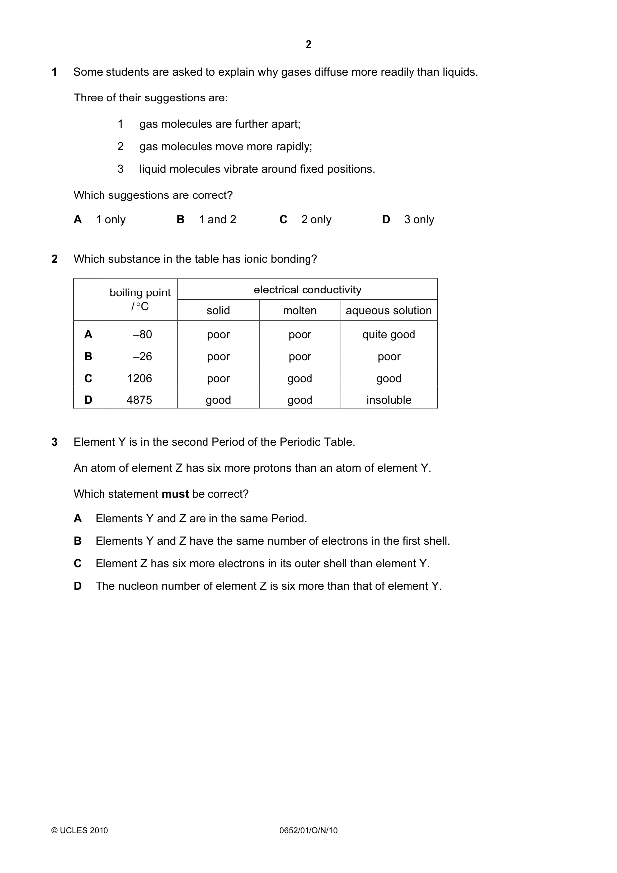 Cambridge IGCSE Physical Science 0652 2010 Oct/Nov Paper 1 · Variant 1 question paper, page 2 of 20