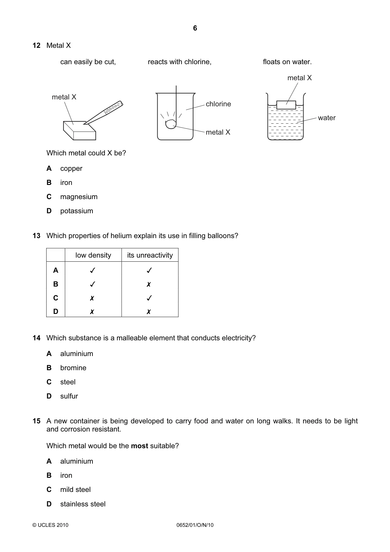 Cambridge IGCSE Physical Science 0652 2010 Oct/Nov Paper 1 · Variant 1 question paper, page 6 of 20