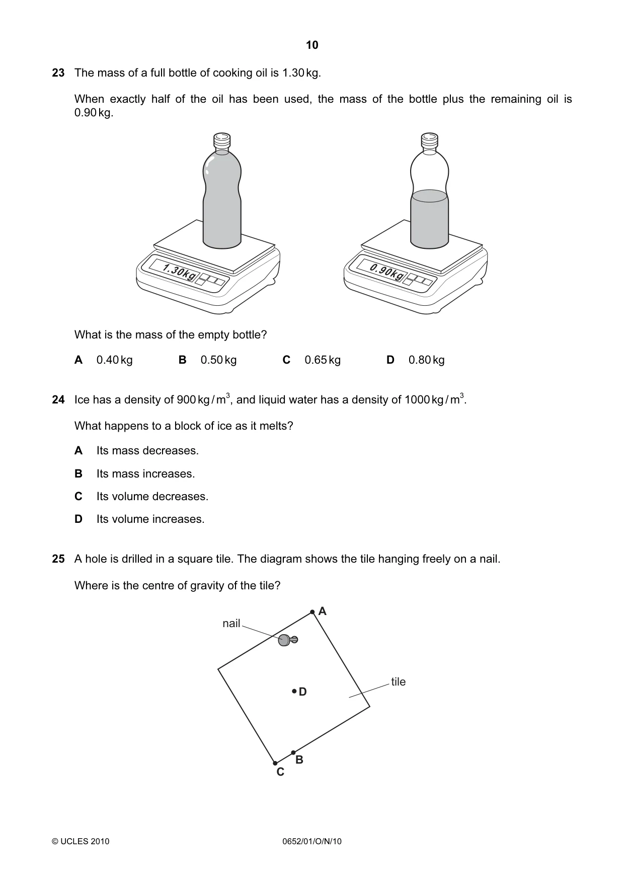 Cambridge IGCSE Physical Science 0652 2010 Oct/Nov Paper 1 · Variant 1 question paper, page 10 of 20