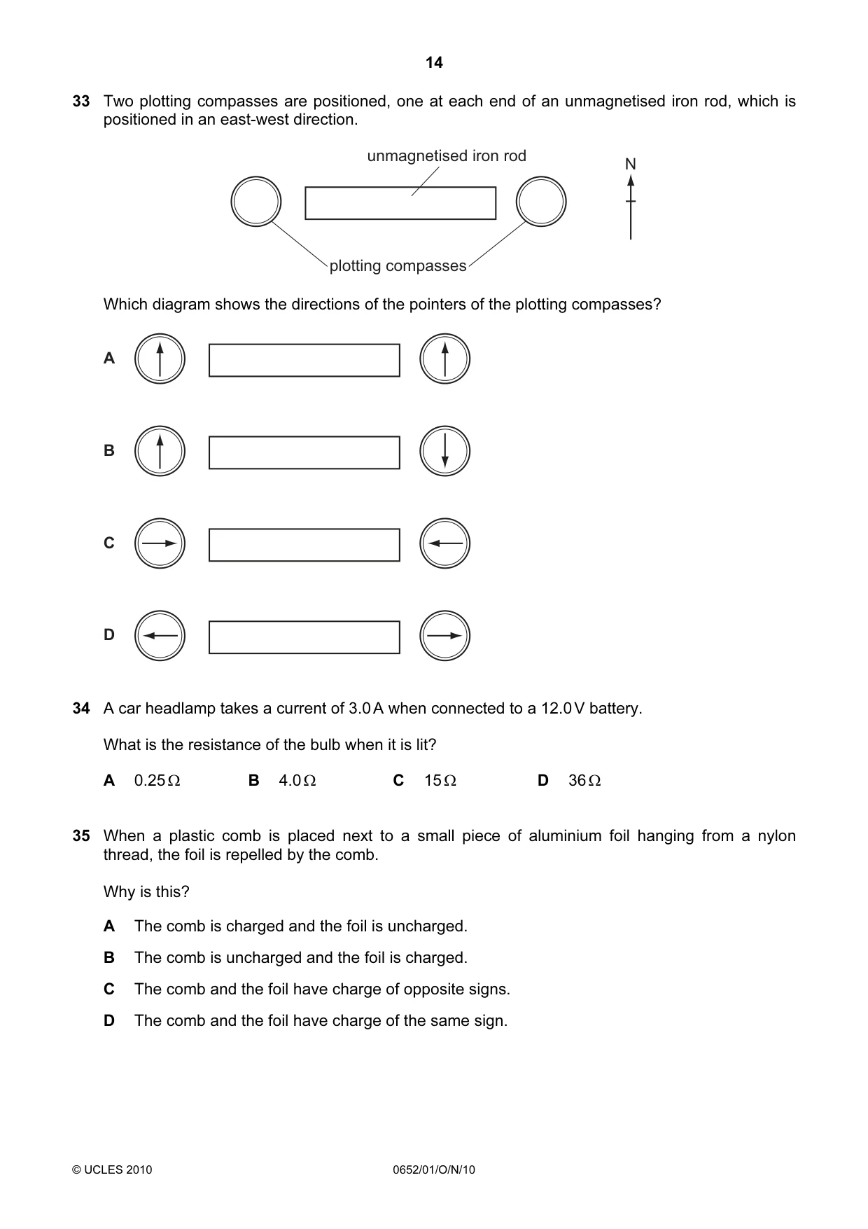 Cambridge IGCSE Physical Science 0652 2010 Oct/Nov Paper 1 · Variant 1 question paper, page 14 of 20