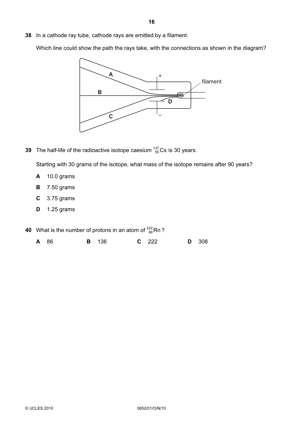 Cambridge IGCSE Physical Science 0652 2010 Oct/Nov Paper 1 · Variant 1 question paper, page 16 of 20