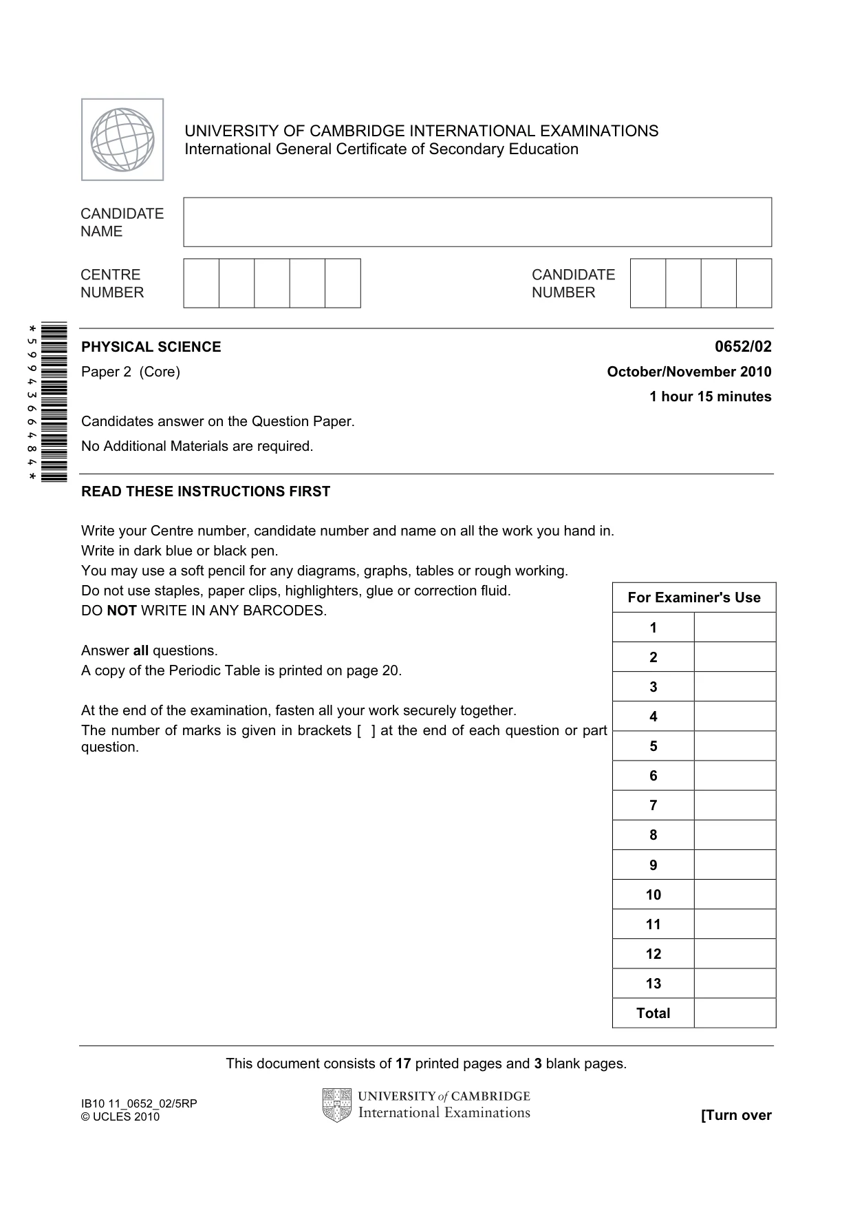 Cambridge IGCSE Physical Science 0652 2010 Oct/Nov Paper 2 · Variant 1 question paper, page 1 of 20