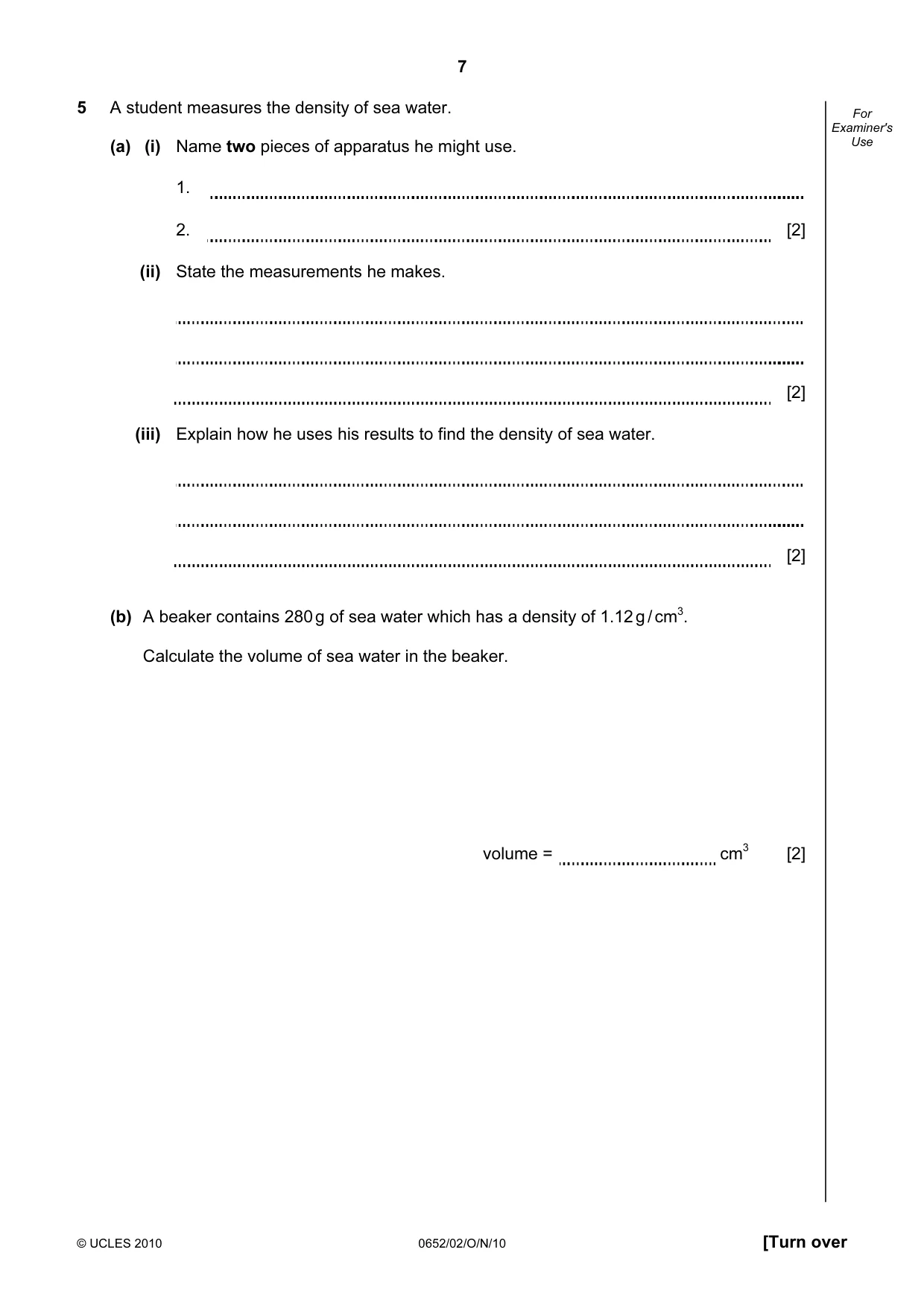 Cambridge IGCSE Physical Science 0652 2010 Oct/Nov Paper 2 · Variant 1 question paper, page 7 of 20