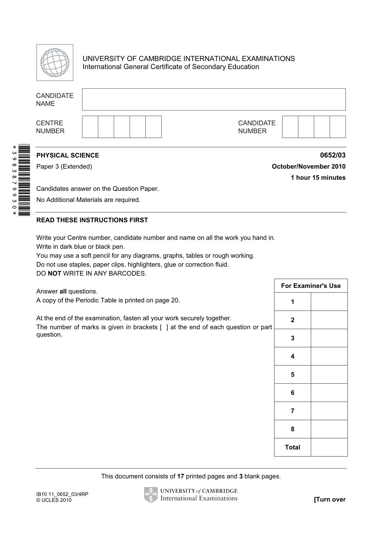 Cambridge IGCSE Physical Science 0652 2010 Oct/Nov Paper 3 · Variant 1 question paper, page 1 of 20