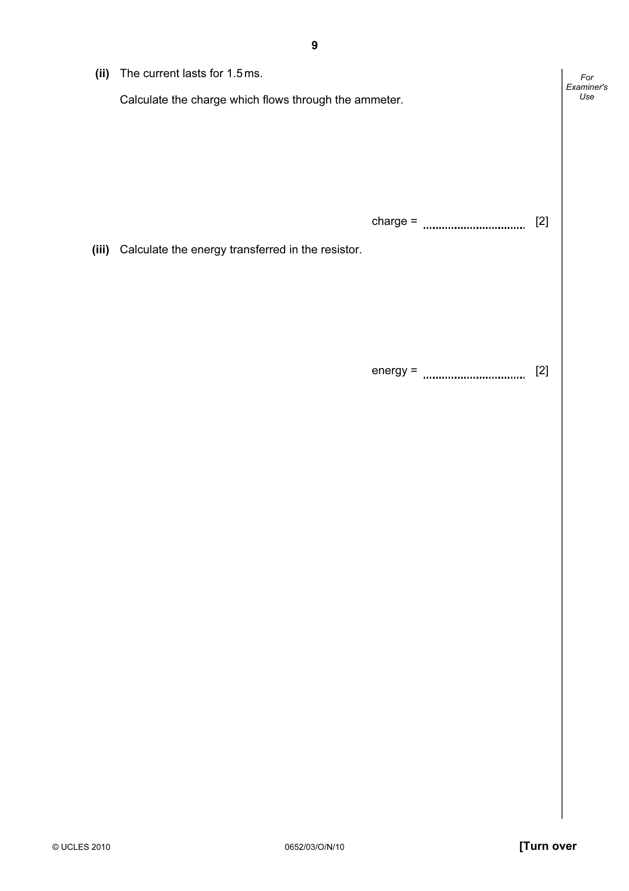 Cambridge IGCSE Physical Science 0652 2010 Oct/Nov Paper 3 · Variant 1 question paper, page 9 of 20