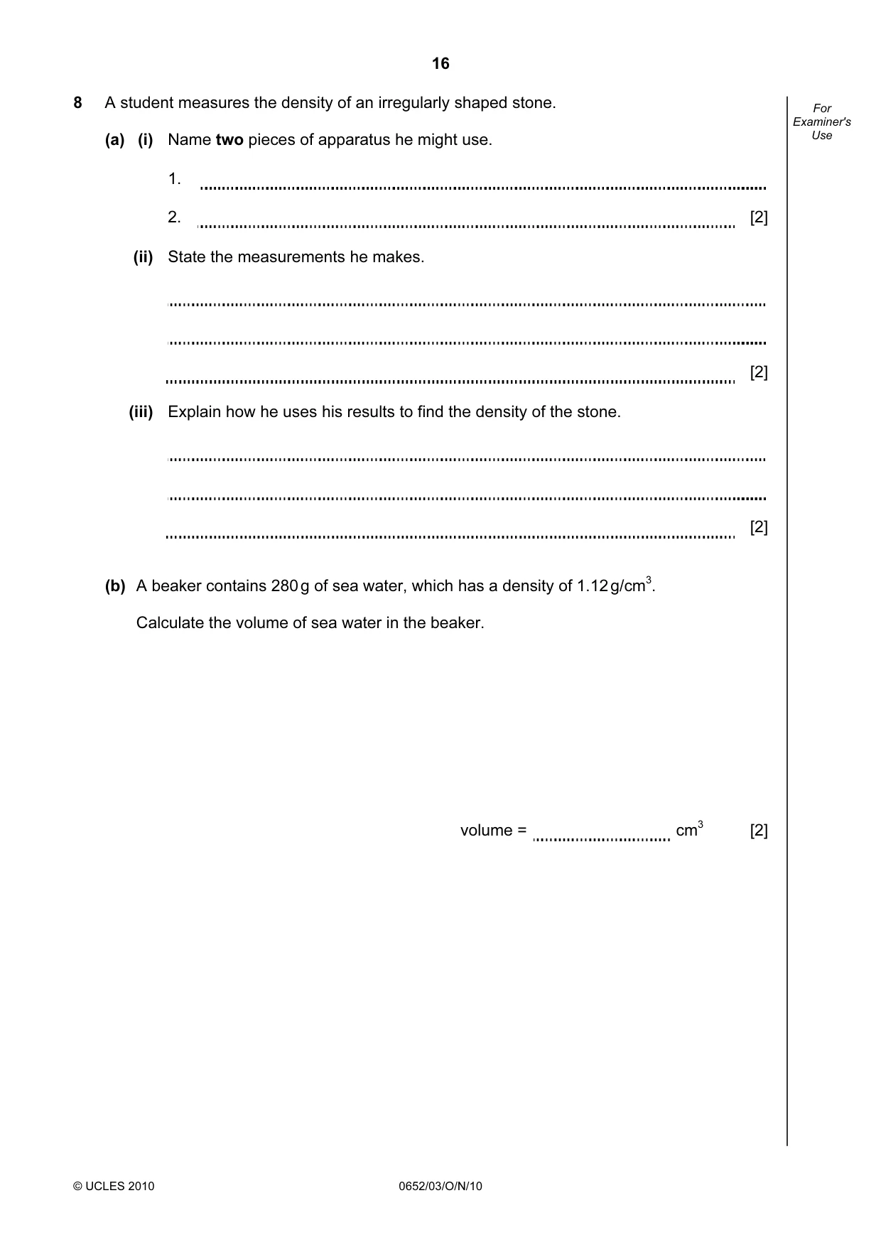 Cambridge IGCSE Physical Science 0652 2010 Oct/Nov Paper 3 · Variant 1 question paper, page 16 of 20