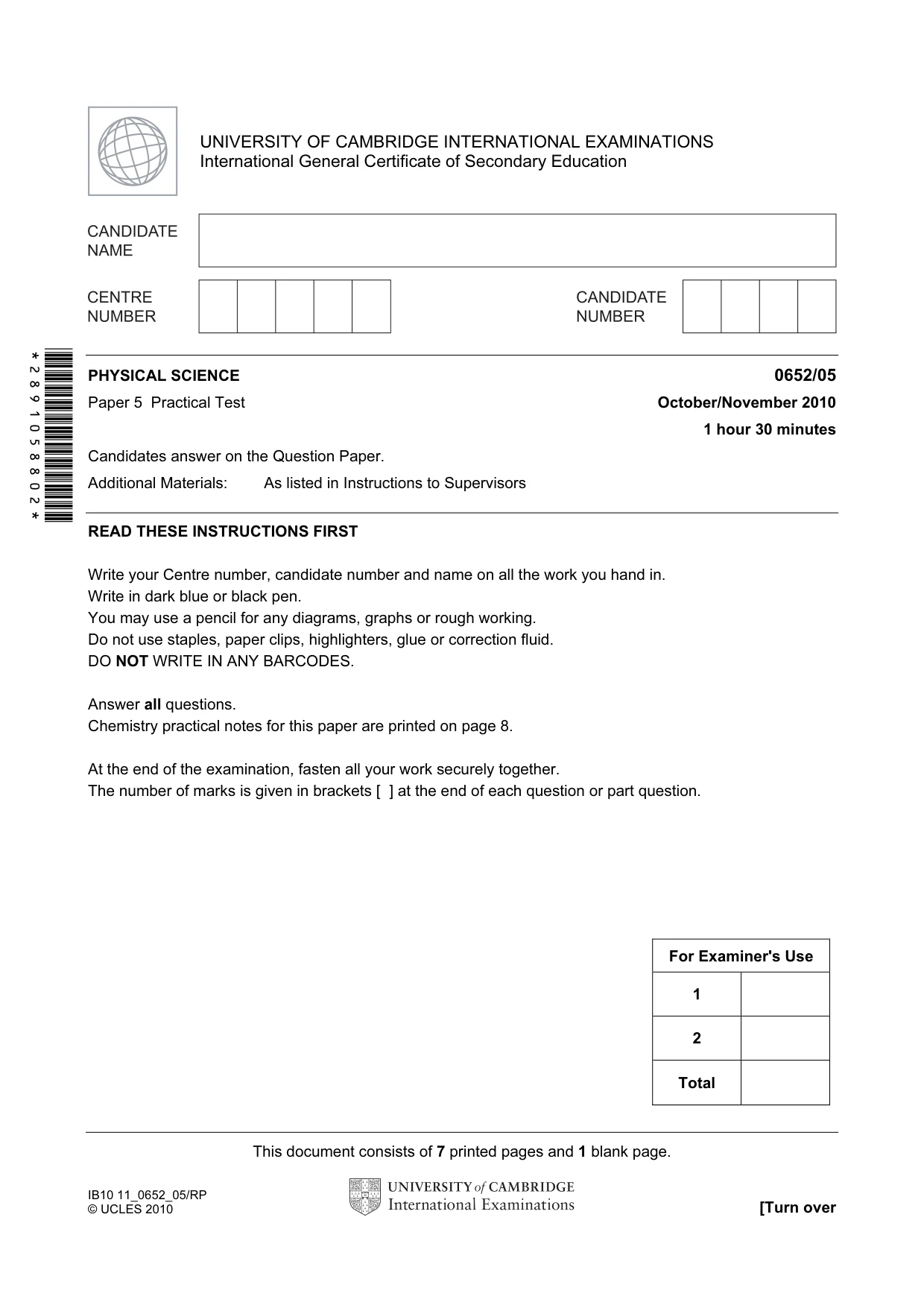 Cambridge IGCSE Physical Science 0652 2010 Oct/Nov Paper 5 · Variant 1 question paper, page 1 of 8
