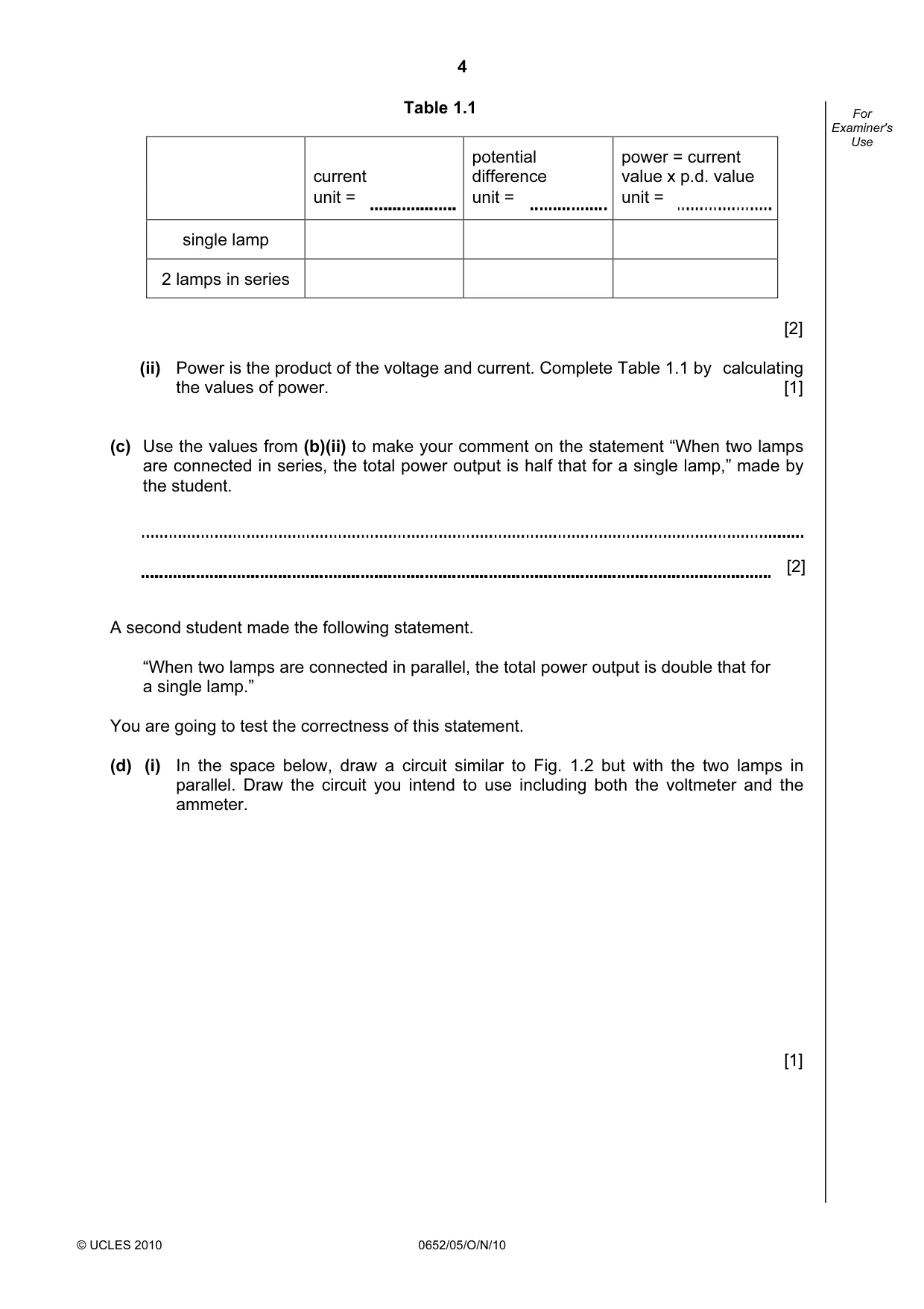Cambridge IGCSE Physical Science 0652 2010 Oct/Nov Paper 5 · Variant 1 question paper, page 4 of 8