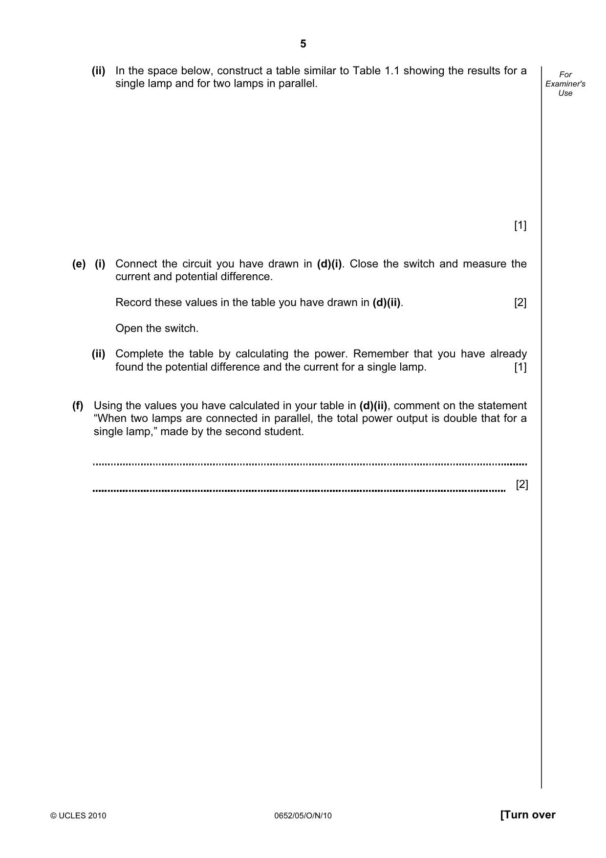 Cambridge IGCSE Physical Science 0652 2010 Oct/Nov Paper 5 · Variant 1 question paper, page 5 of 8