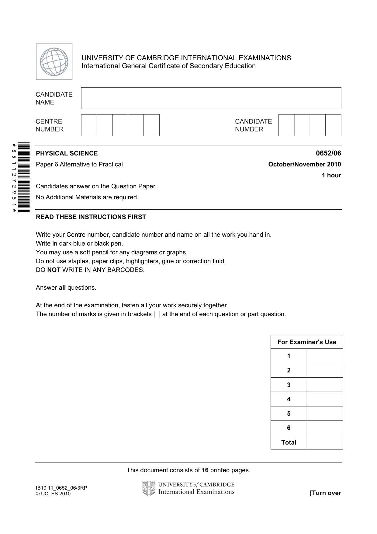 Cambridge IGCSE Physical Science 0652 2010 Oct/Nov Paper 6 · Variant 1 question paper, page 1 of 16
