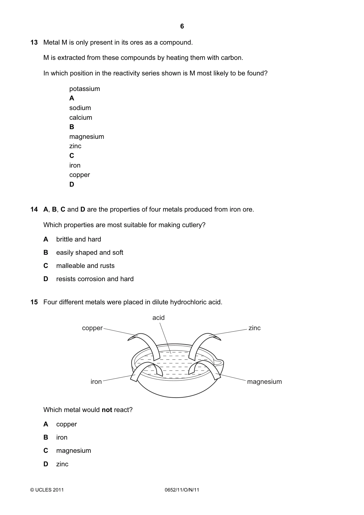 Cambridge IGCSE Physical Science 0652 2011 Oct/Nov Paper 1 · Variant 1 question paper, page 6 of 20
