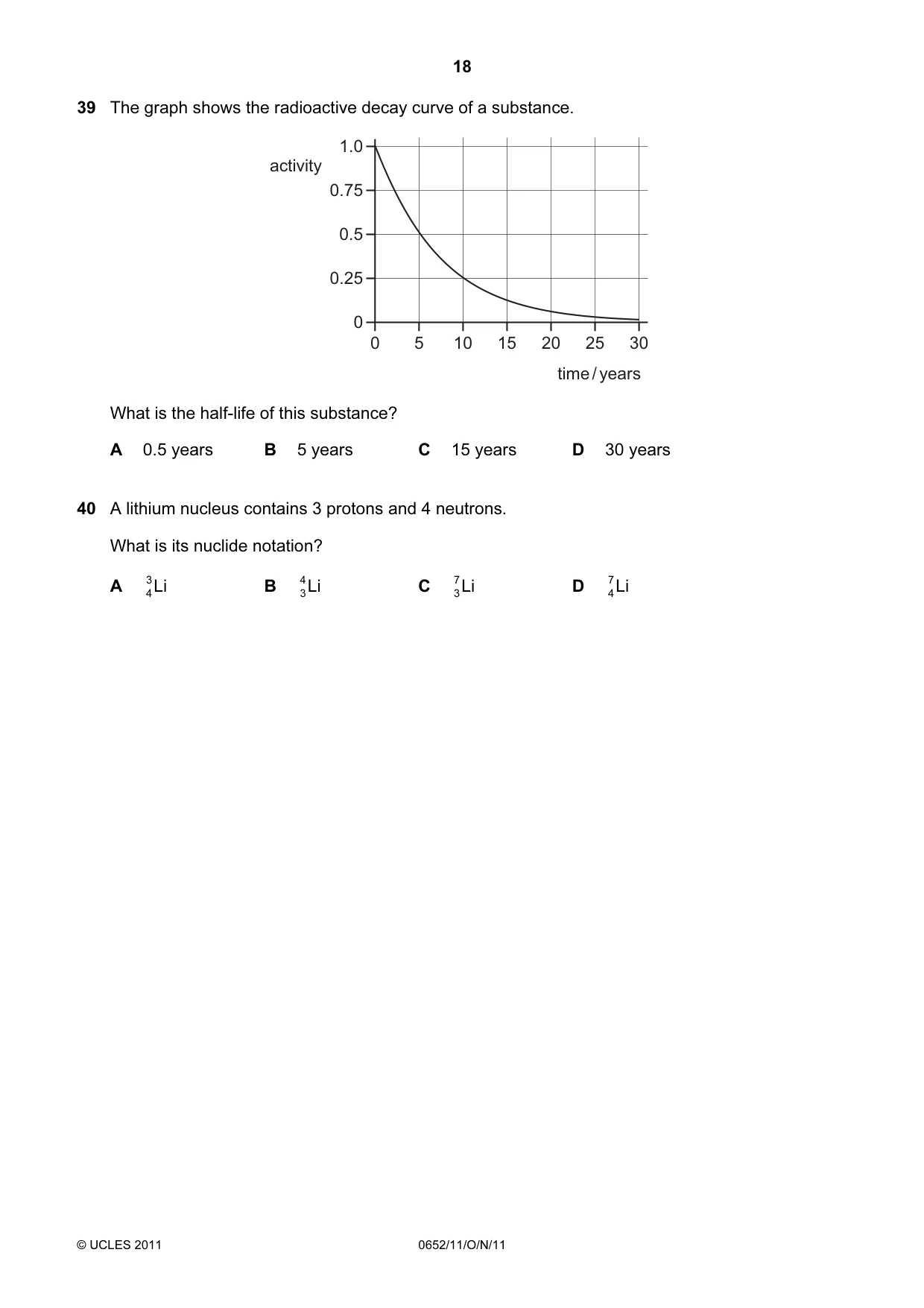 Cambridge IGCSE Physical Science 0652 2011 Oct/Nov Paper 1 · Variant 1 question paper, page 18 of 20