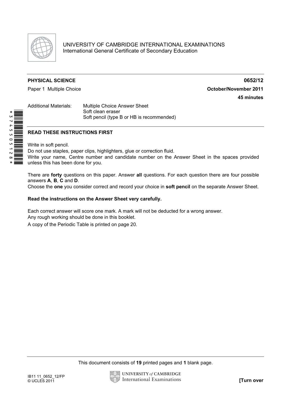 Cambridge IGCSE Physical Science 0652 2011 Oct/Nov Paper 1 · Variant 2 question paper, page 1 of 20