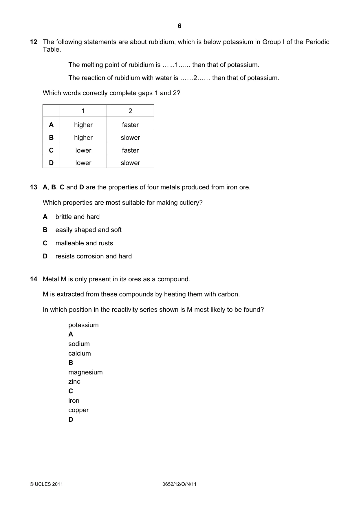 Cambridge IGCSE Physical Science 0652 2011 Oct/Nov Paper 1 · Variant 2 question paper, page 6 of 20