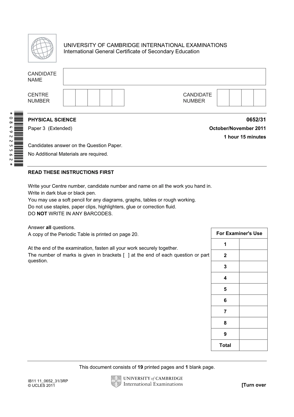 Cambridge IGCSE Physical Science 0652 2011 Oct/Nov Paper 3 · Variant 1 question paper, page 1 of 20
