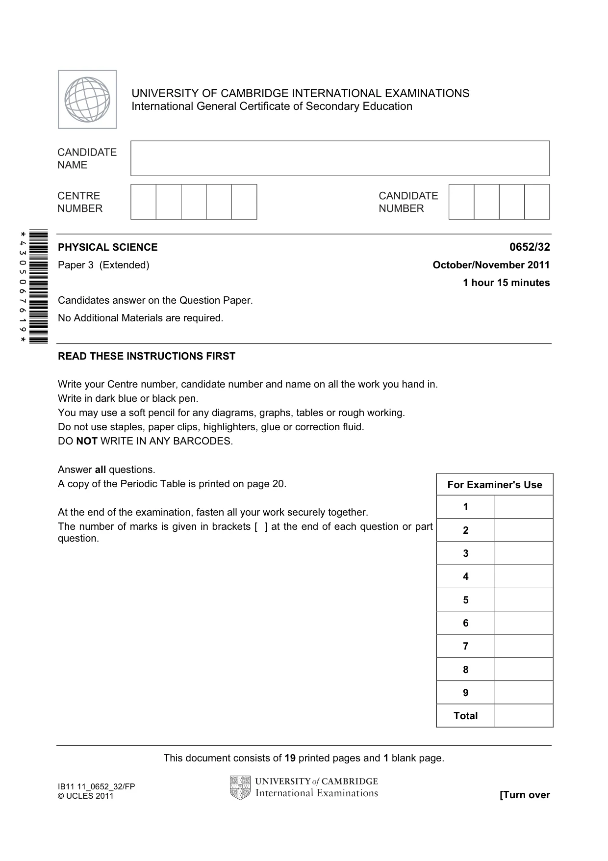 Cambridge IGCSE Physical Science 0652 2011 Oct/Nov Paper 3 · Variant 2 question paper, page 1 of 20