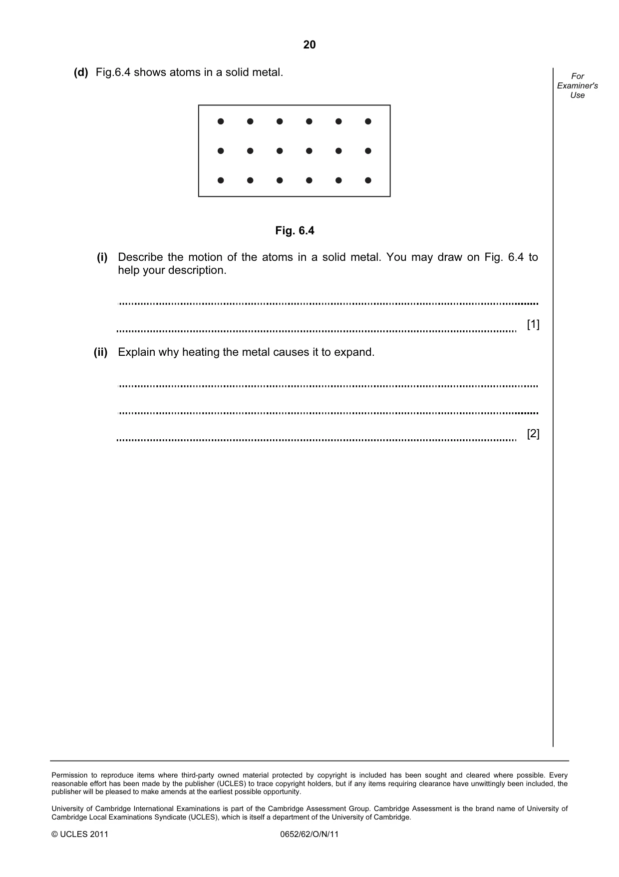 Cambridge IGCSE Physical Science 0652 2011 Oct/Nov Paper 6 · Variant 2 question paper, page 20 of 20