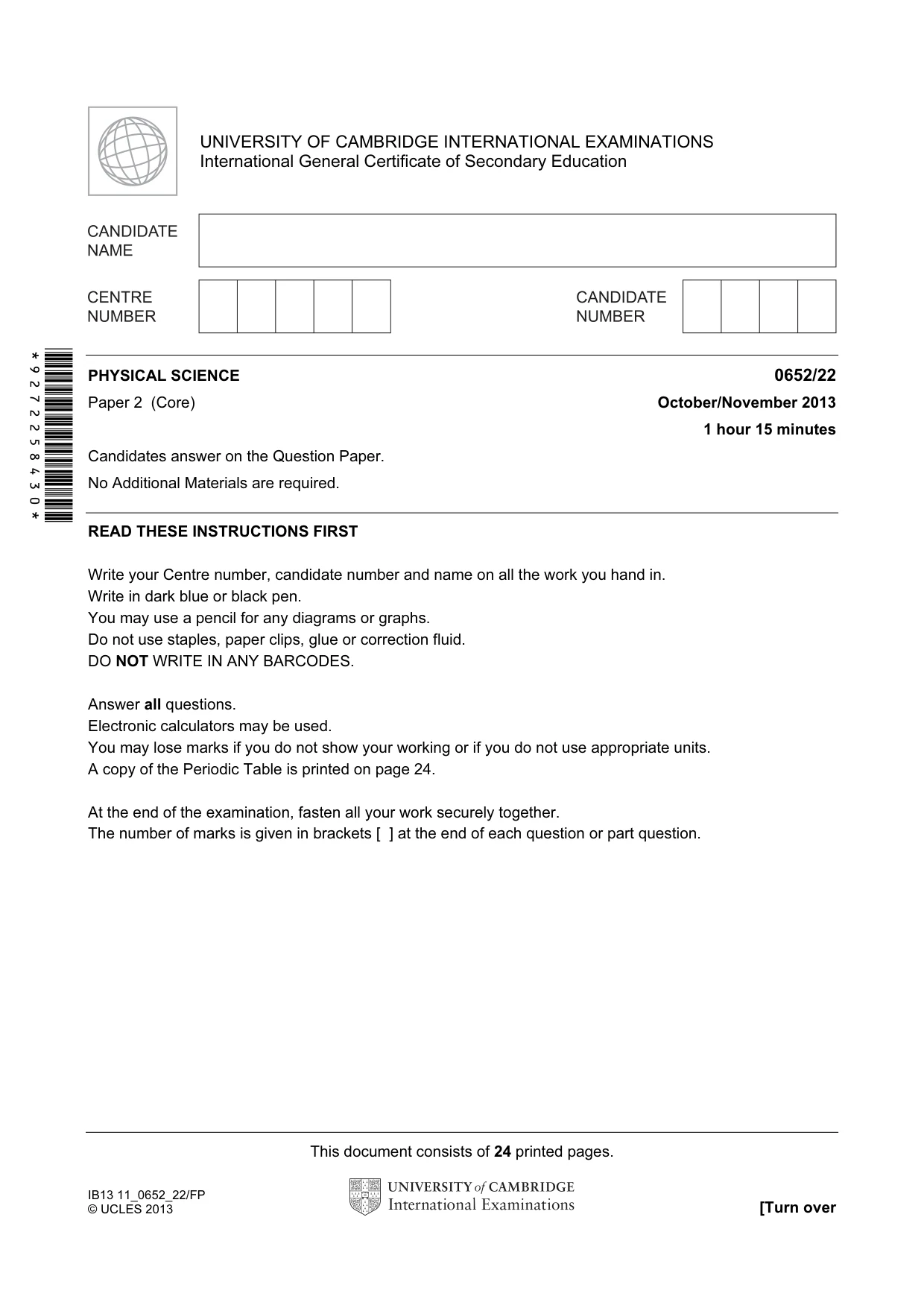 Cambridge IGCSE Physical Science 0652 2013 Oct/Nov Paper 2 · Variant 2 question paper, page 1 of 24
