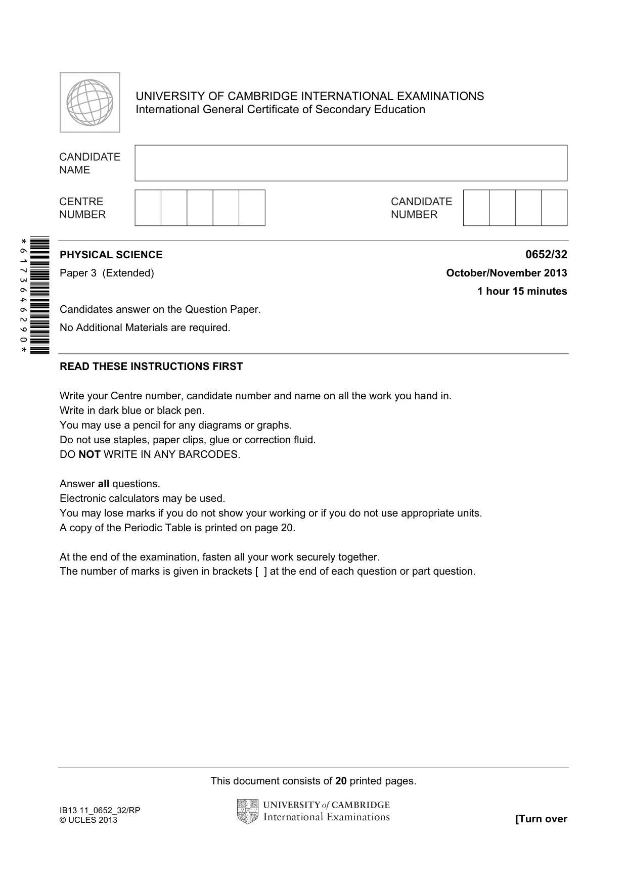 Cambridge IGCSE Physical Science 0652 2013 Oct/Nov Paper 3 · Variant 2 question paper, page 1 of 20