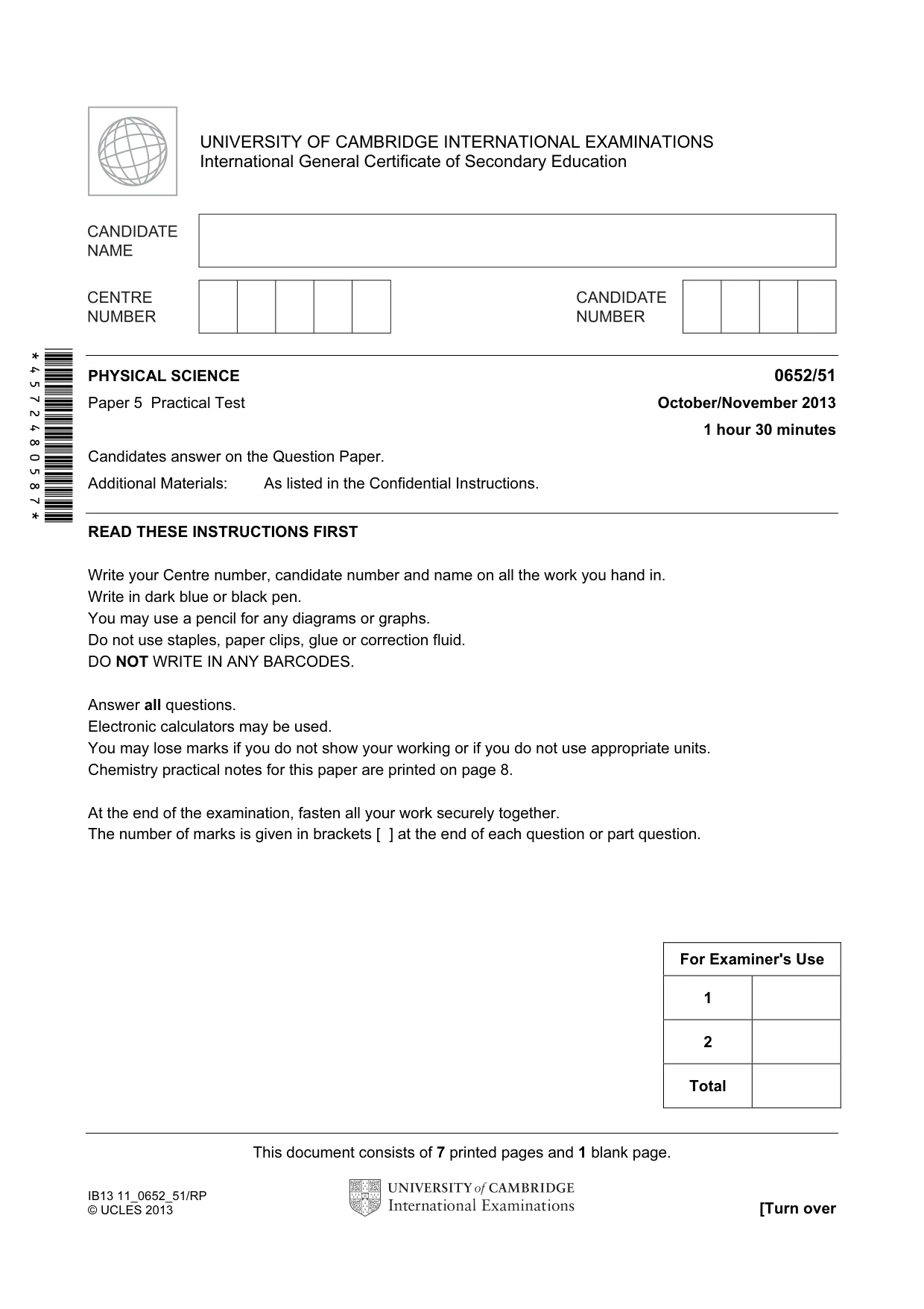 Cambridge IGCSE Physical Science 0652 2013 Oct/Nov Paper 5 · Variant 1 question paper, page 1 of 8