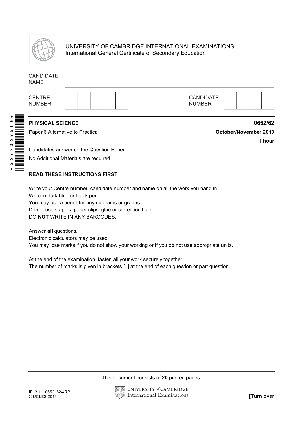 Cambridge IGCSE Physical Science 0652 2013 Oct/Nov Paper 6 · Variant 2 question paper, page 1 of 20