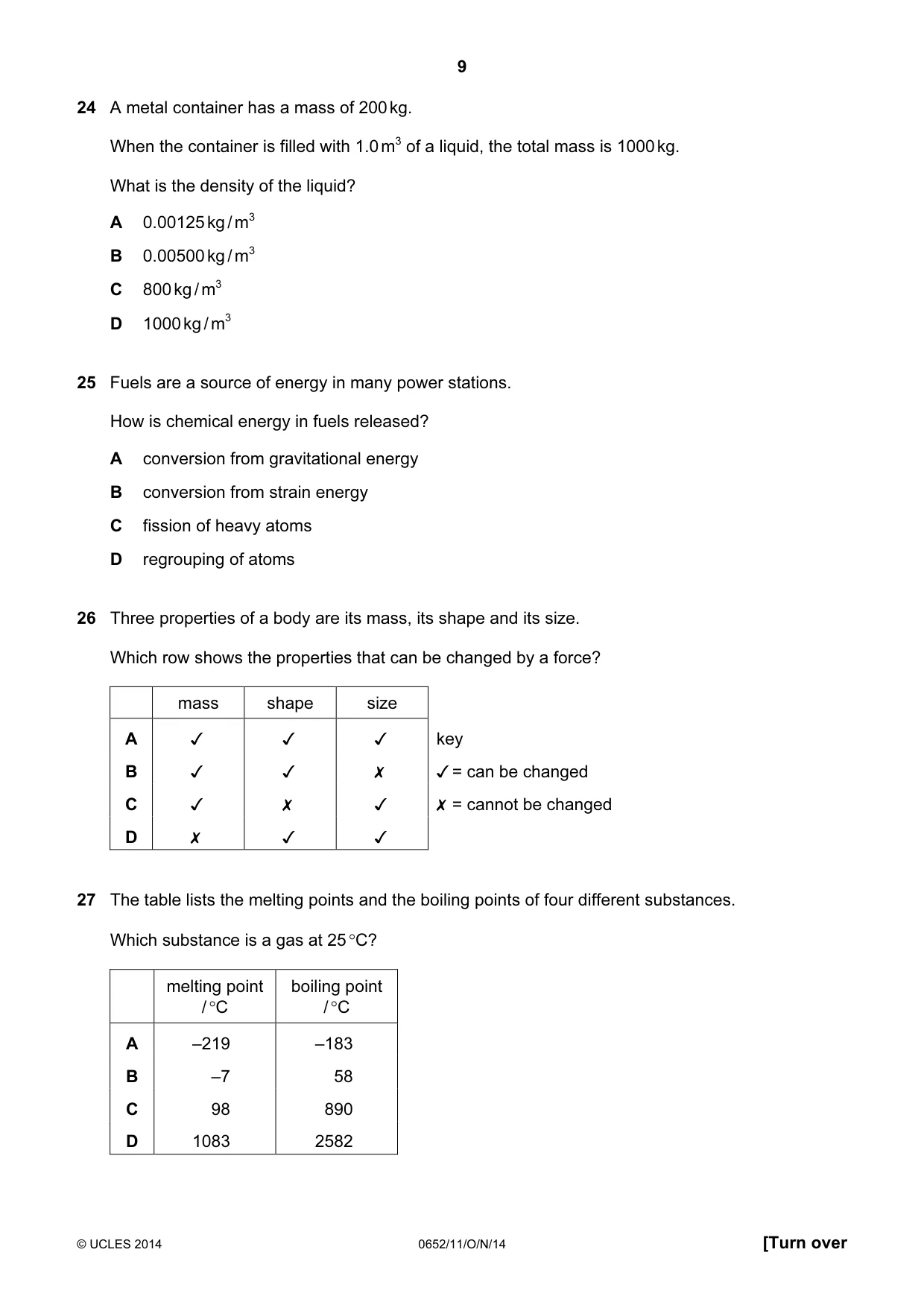 Cambridge IGCSE Physical Science 0652 2014 Oct/Nov Paper 1 · Variant 1 question paper, page 9 of 16