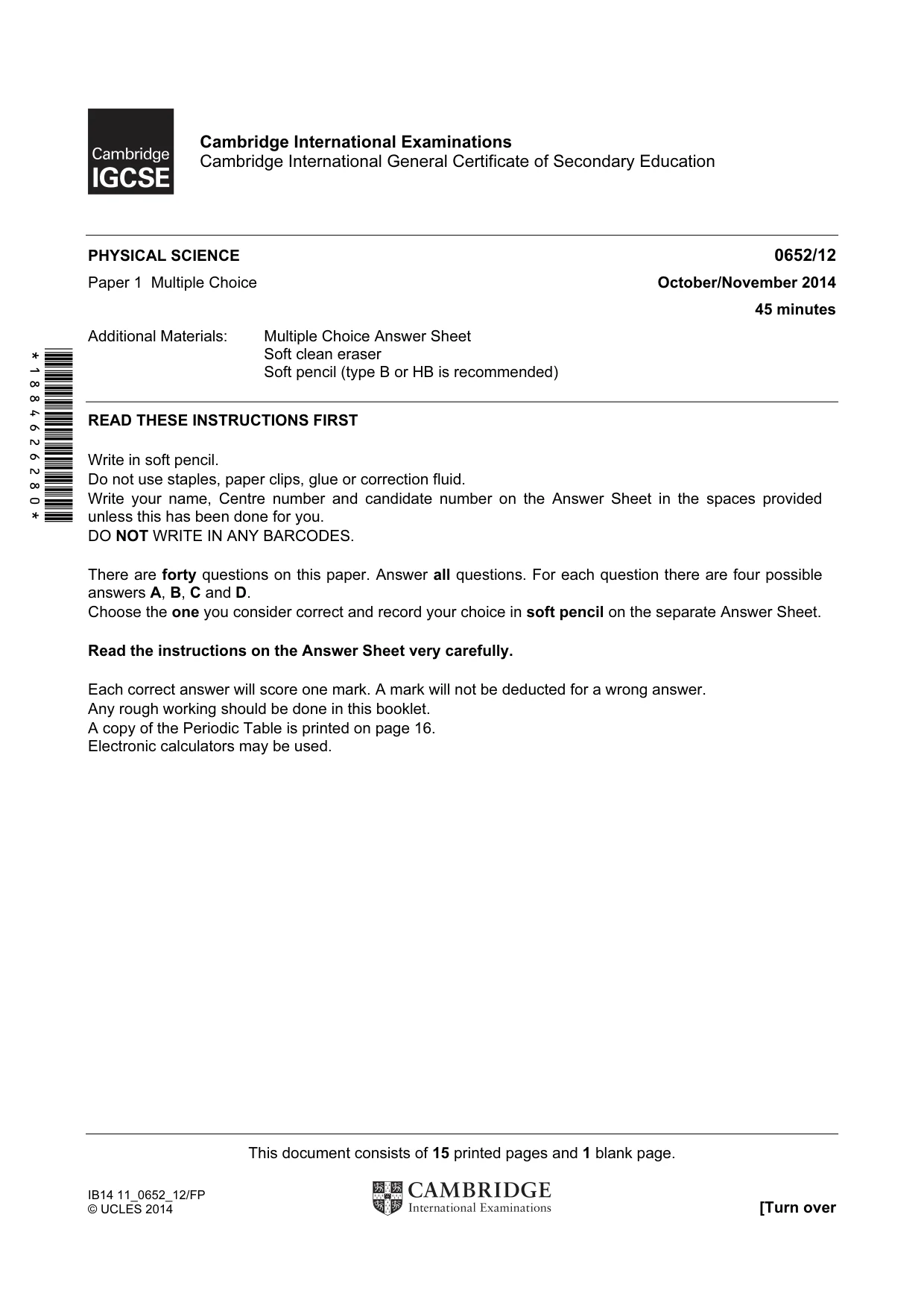 Cambridge IGCSE Physical Science 0652 2014 Oct/Nov Paper 1 · Variant 2 question paper, page 1 of 16